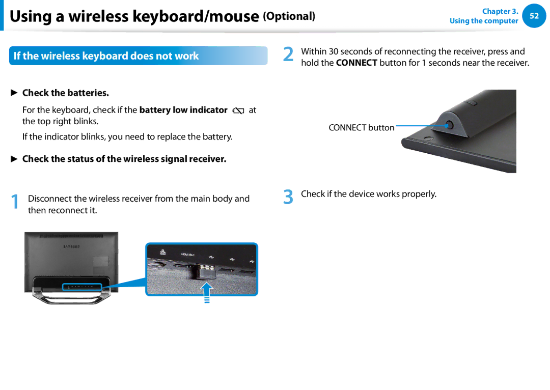 Samsung DP700A7D-S03US If the wireless keyboard does not work, If the indicator blinks, you need to replace the battery 