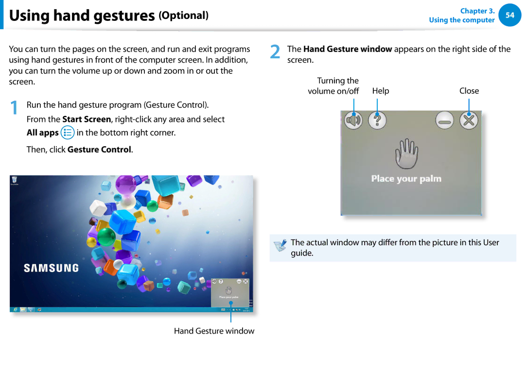 Samsung DP700A3D-A01US, DP700A7D-X01US, DP700A7DS03US manual Using hand gestures Optional, Then, click Gesture Control 