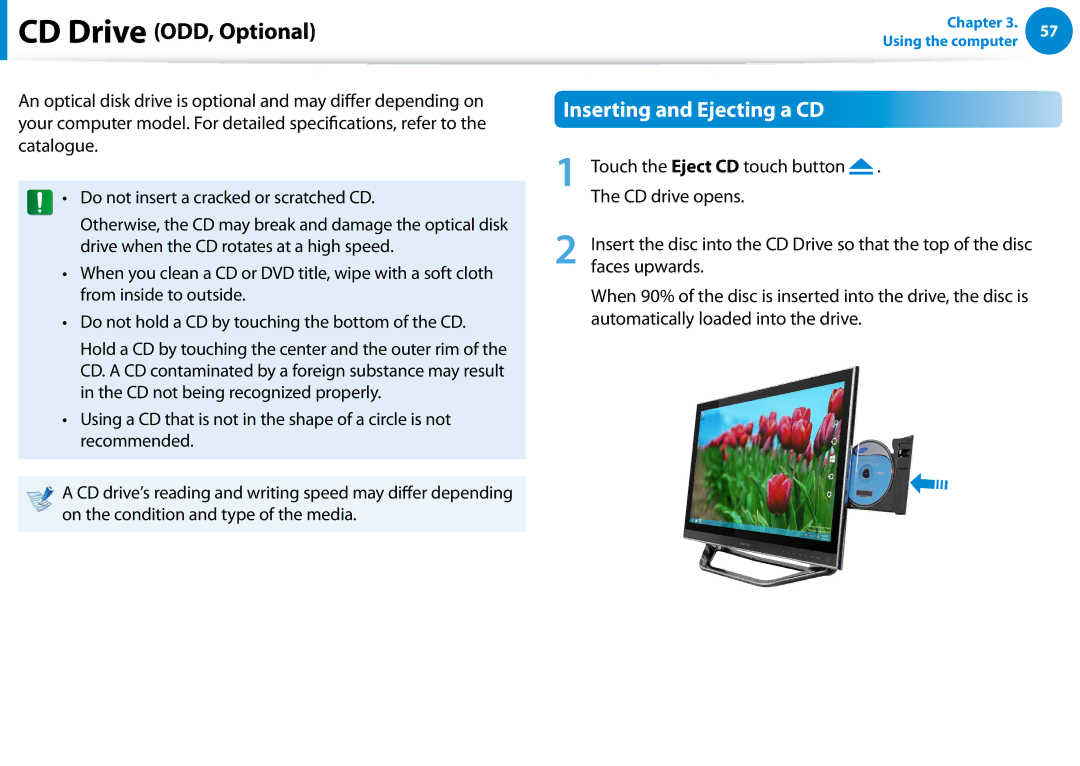 Samsung DP700A7DX01US, DP700A7D-X01US manual Inserting and Ejecting a CD, Touch the Eject CD touch button, CD drive opens 