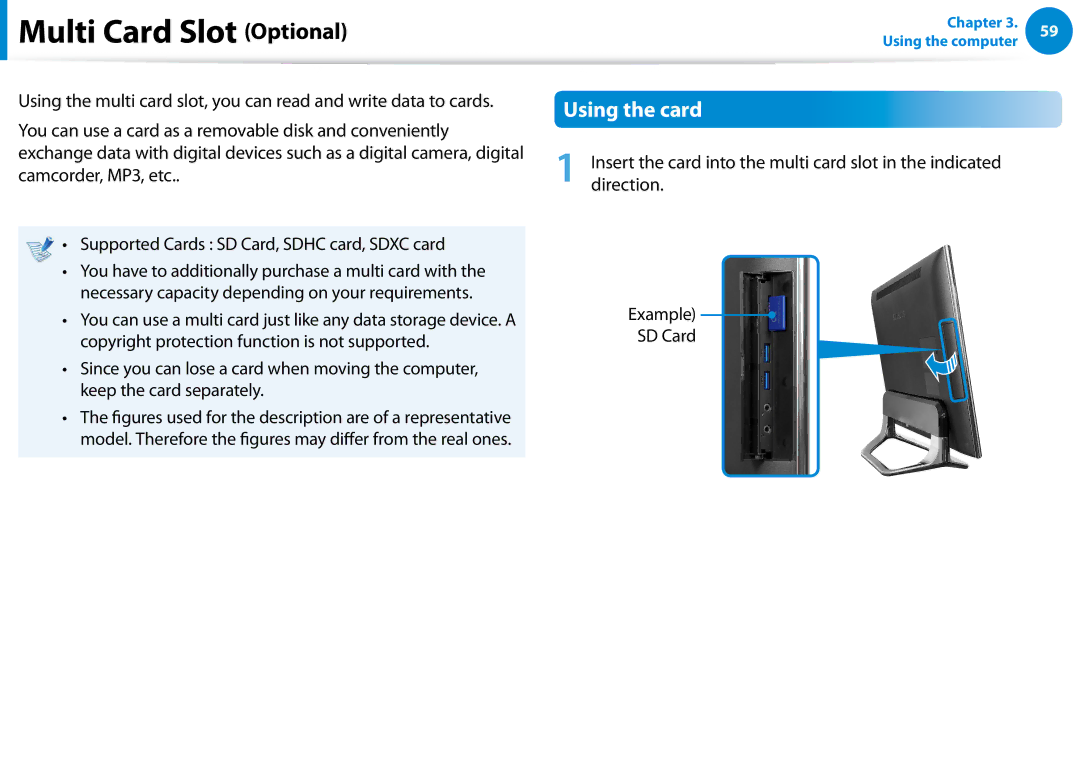 Samsung DP700A7D-X01US, DP700A3D-A01US, DP700A7DS03US, DP700A3DK01US, DP700A7DX01US Multi Card Slot Optional, Using the card 