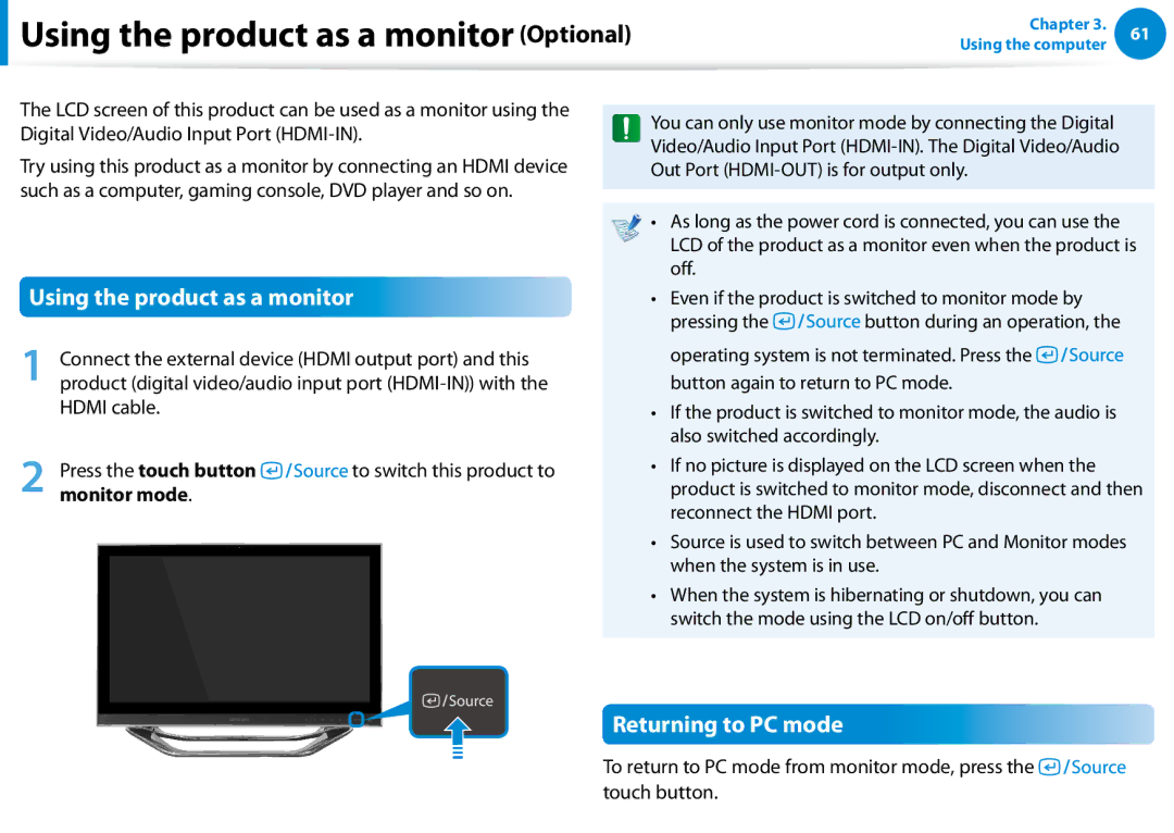 Samsung DP700A7DS03US manual Using the product as a monitor, Returning to PC mode, Press the touch button, Monitor mode 