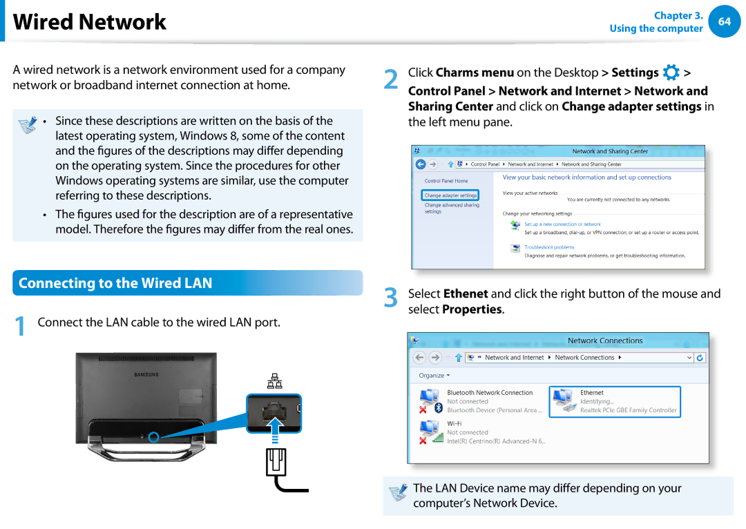 Samsung DP700A7D-S03US manual Wired Network, Connecting to the Wired LAN, Connect the LAN cable to the wired LAN port 