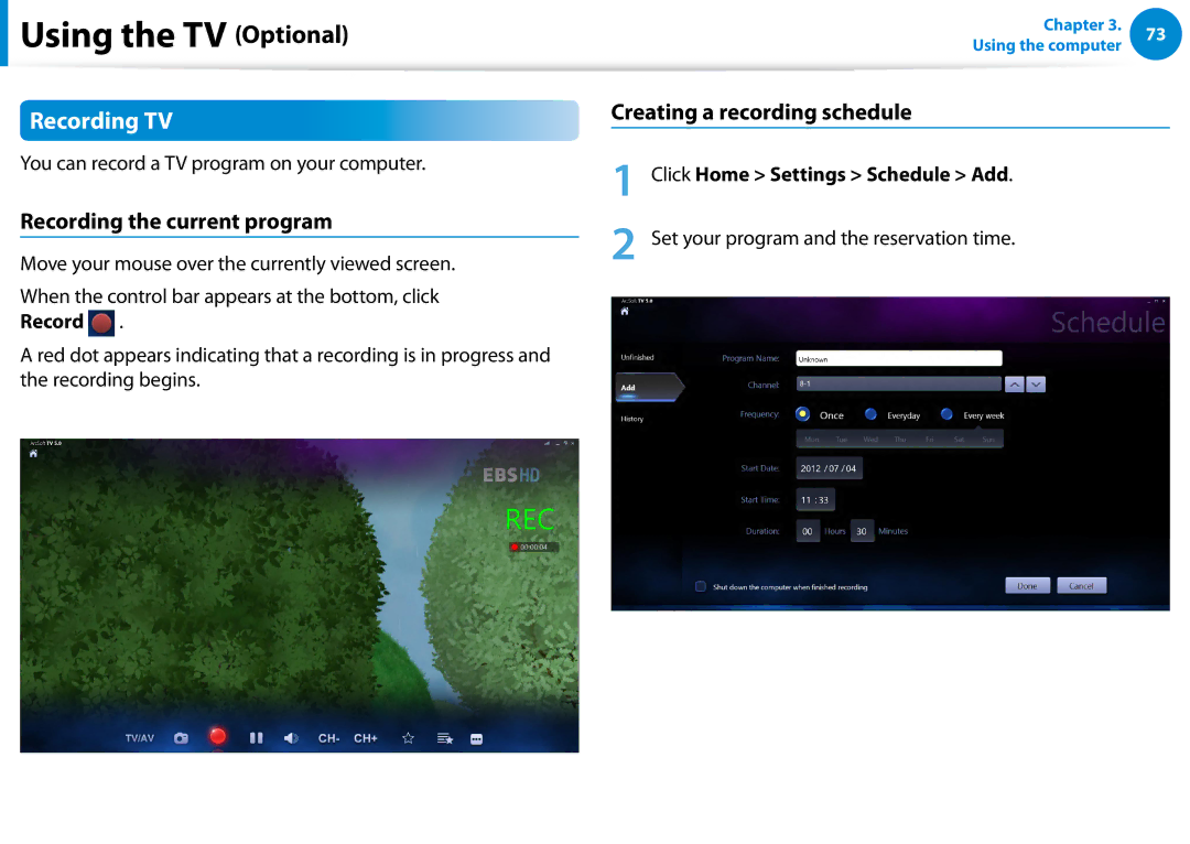 Samsung DP700A7DS03US, DP700A7D-X01US manual Recording TV, Recording the current program, Creating a recording schedule 