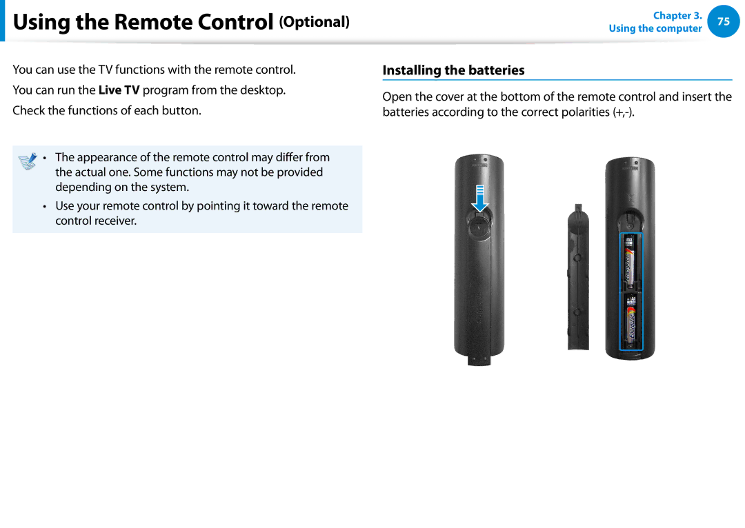 Samsung DP700A7DX01US, DP700A7D-X01US, DP700A3D-A01US manual Using the Remote Control Optional, Installing the batteries 