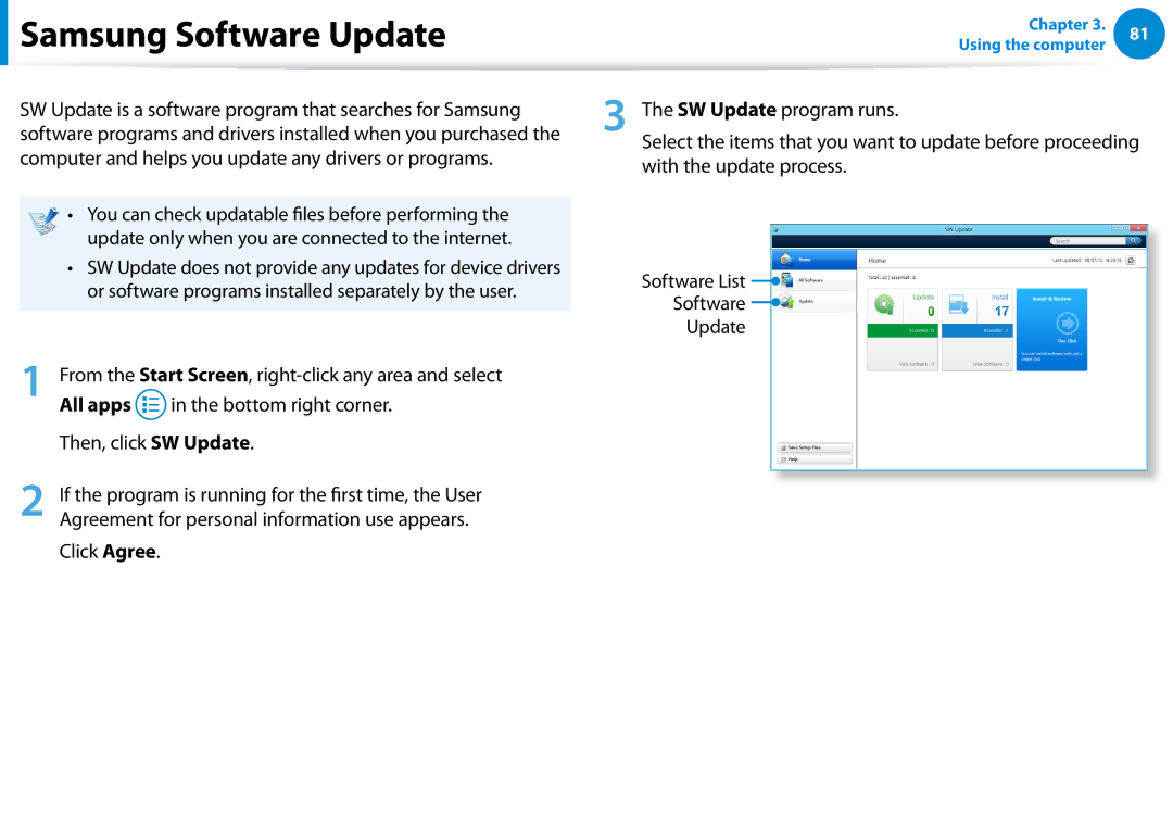 Samsung DP700A7DX01US manual Samsung Software Update, Or software programs installed separately by the user, Click Agree 