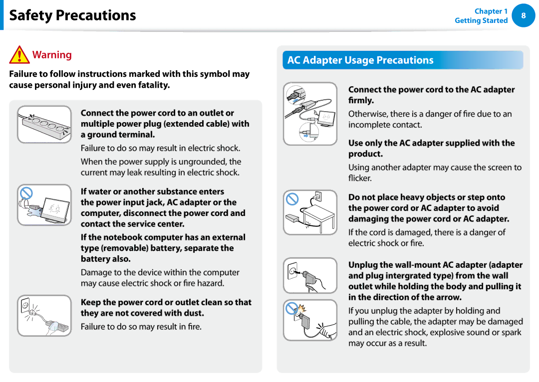 Samsung DP700A3DK01US, DP700A7D-X01US manual AC Adapter Usage Precautions, Connect the power cord to the AC adapter firmly 