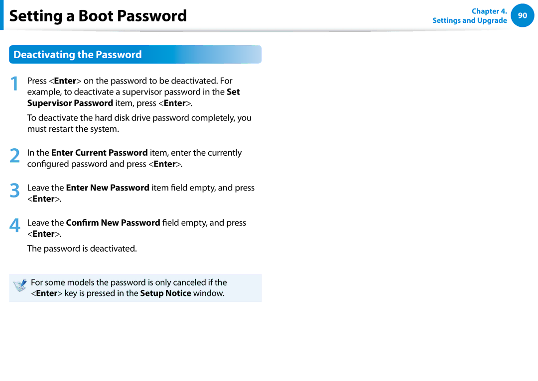 Samsung DP700A3D-A01US manual Deactivating the Password, Configured password and press Enter, Password is deactivated 