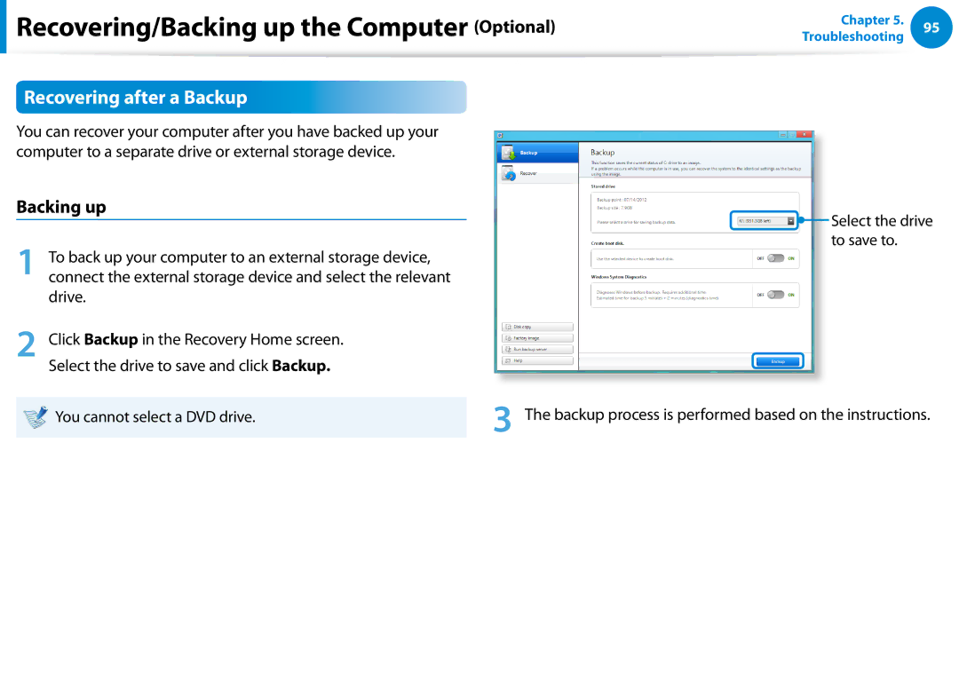 Samsung DP700A7D-X01US, DP700A3D-A01US, DP700A7DS03US, DP700A3DK01US, DP700A7DX01US Recovering after a Backup, Backing up 