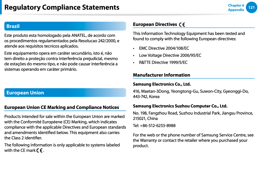 Samsung DP700A7DS03US, DP700A7D-X01US Brazil, European Union CE Marking and Compliance Notices, European Directives 