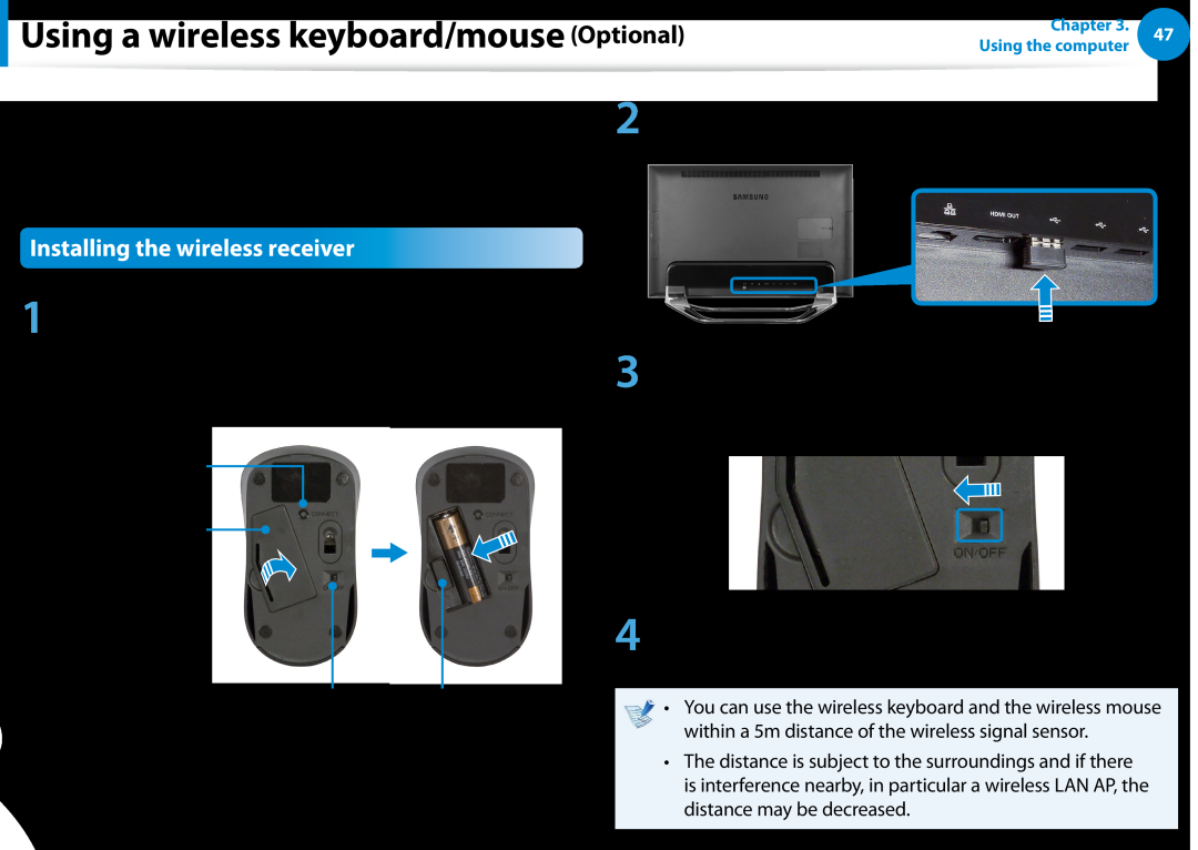 Samsung DP700A7D-X01US, DP700A3D-A01US manual Using a wireless keyboard/mouse Optional, Installing the wireless receiver 