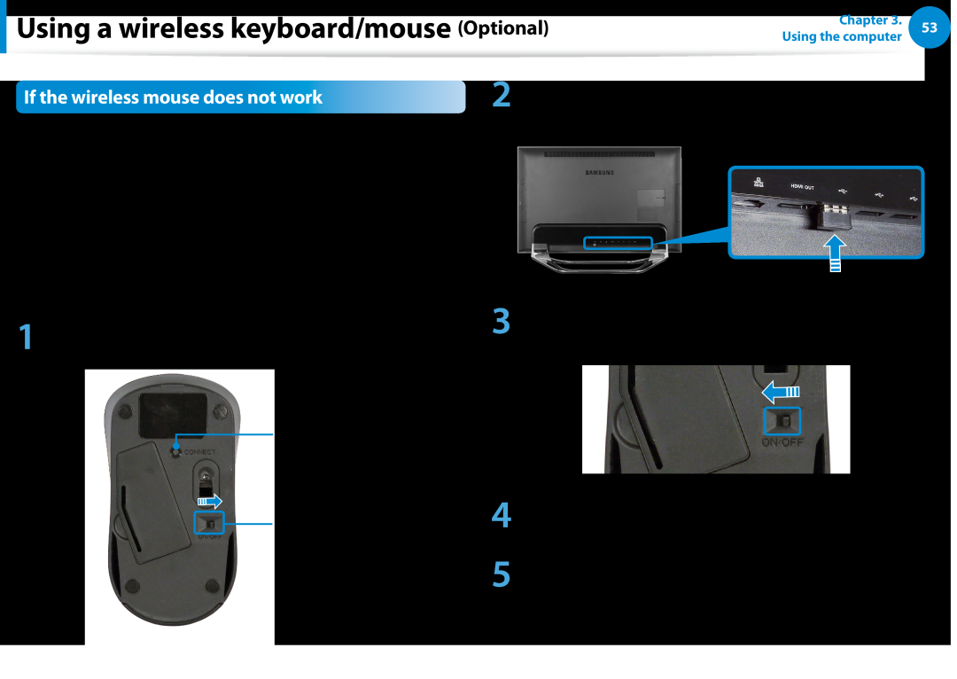 Samsung DP700A7D-X01US, DP700A3D-A01US manual If the wireless mouse does not work, Using a wireless keyboard/mouse Optional 