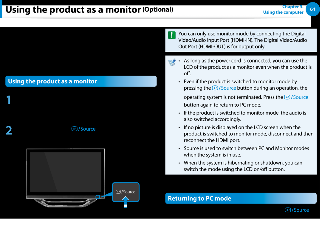 Samsung DP700A7DS03US, DP700A7D-X01US, DP700A3D-A01US manual Using the product as a monitor Optional, Returning to PC mode 