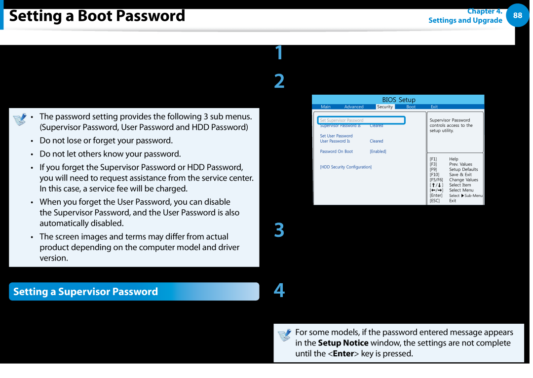 Samsung DP700A7D-S03US Setting a Boot Password, Setting a Supervisor Password, Select the Security menu in the BIOS Setup 