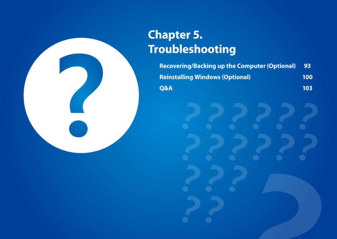 Samsung DP700A3DK01US Chapter Troubleshooting, Reinstalling Windows Optional, Recovering/Backing up the Computer Optional 