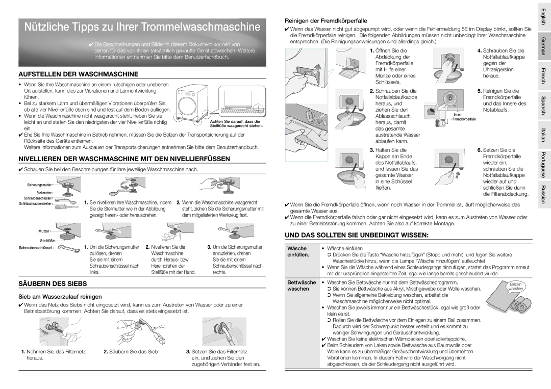 Samsung Drum Washing Machine user manual Nützliche Tipps zu Ihrer Trommelwaschmaschine, Aufstellen DER Waschmaschine 