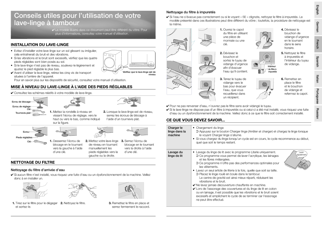 Samsung Drum Washing Machine Installation DU LAVE-LINGE, Mise À Niveau DU LAVE-LINGE À L’AIDE DES Pieds Réglables 