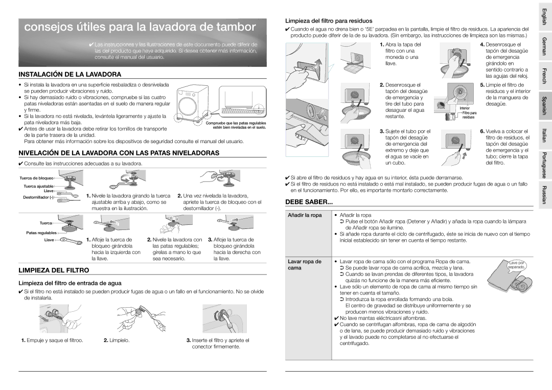 Samsung Drum Washing Machine user manual Consejos útiles para la lavadora de tambor, Instalación DE LA Lavadora, Debe Saber 