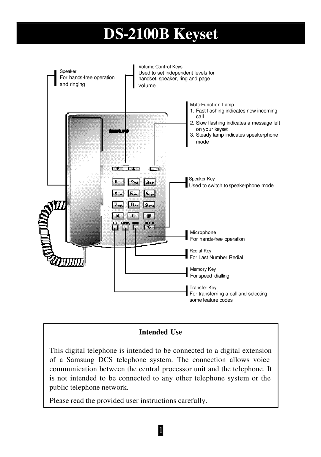 Samsung manual DS-2100B Keyset, Intended Use 