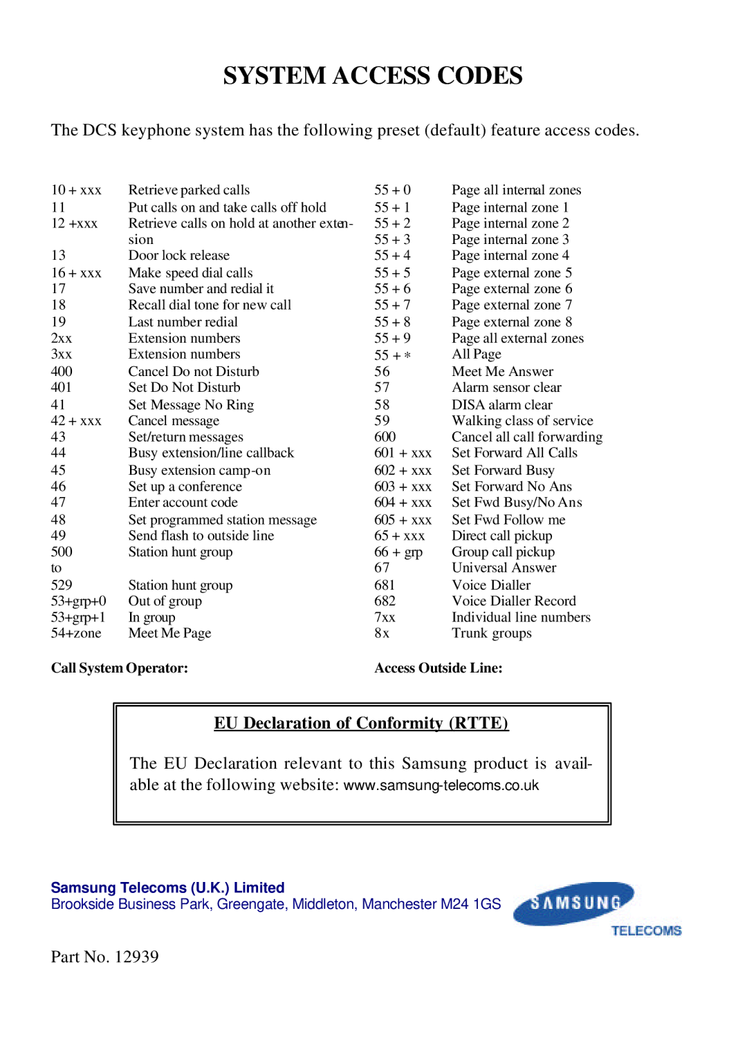 Samsung DS-2100B manual System Access Codes, EU Declaration of Conformity Rtte 