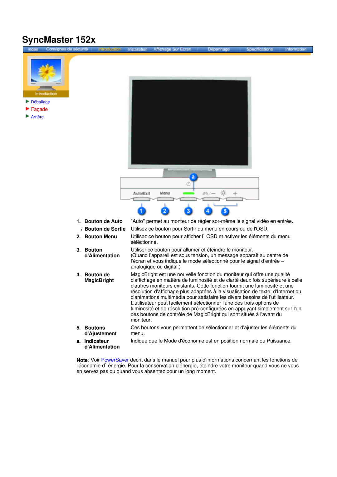 Samsung DS15ASZS/EDC, DS17BSDS/EDC, DS15ASDS/EDC manual Façade, Boutons 