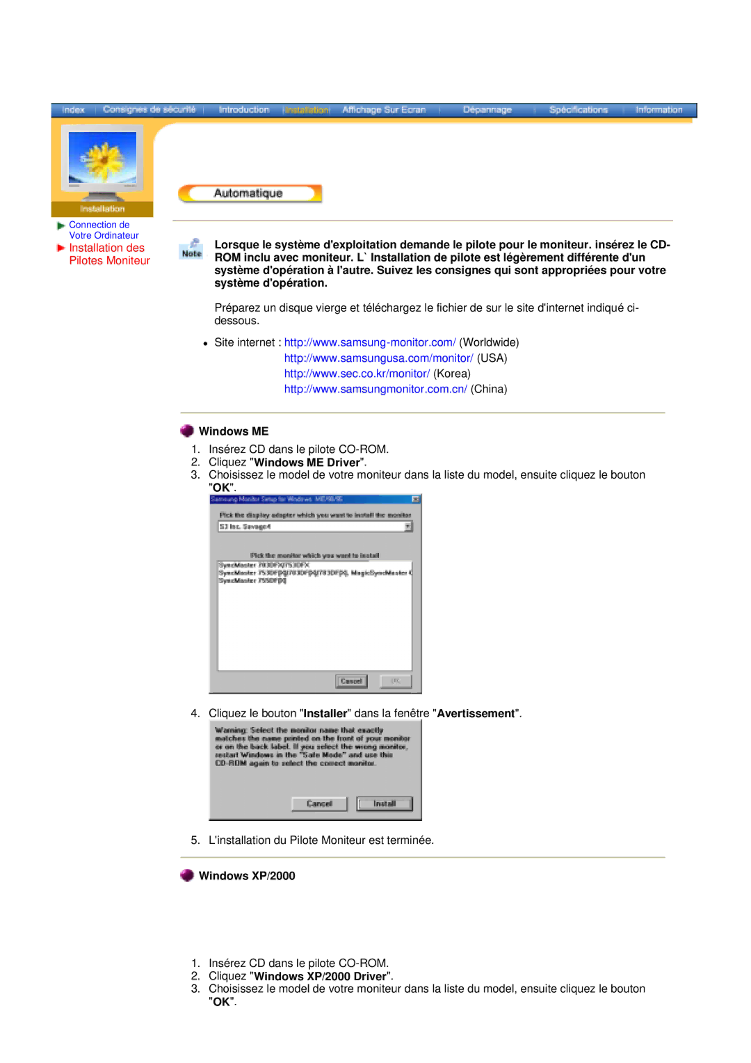 Samsung DS15ASZS/EDC, DS17BSDS/EDC manual Installation des Pilotes Moniteur, Cliquez Windows ME Driver, Windows XP/2000 