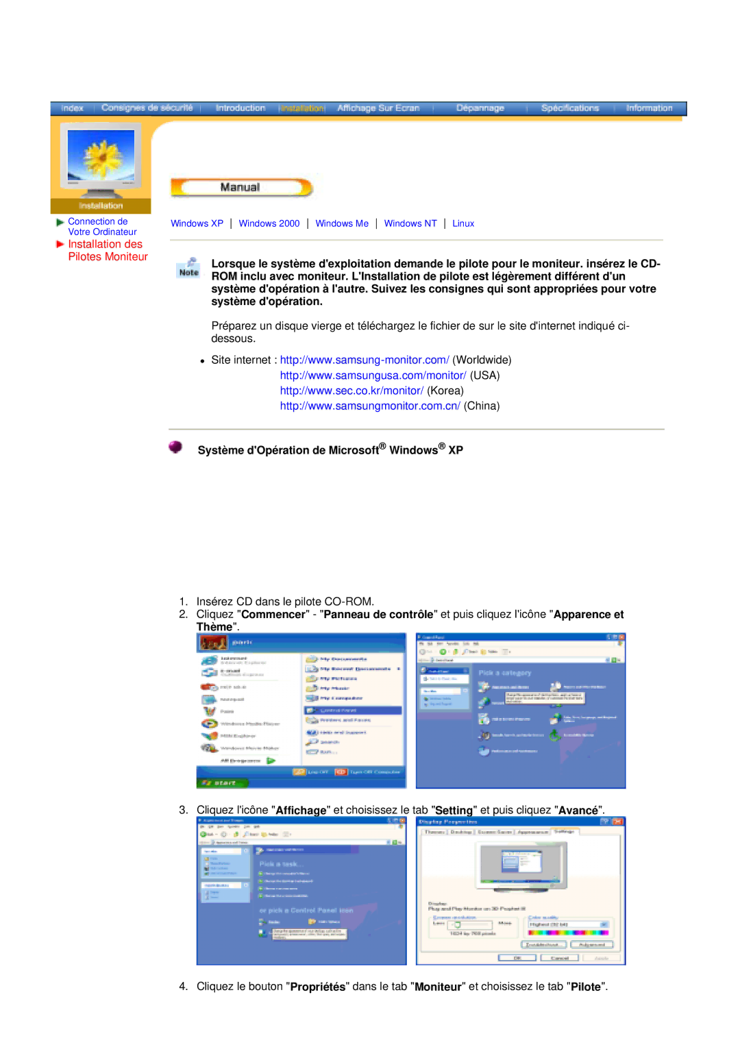 Samsung DS15ASDS/EDC, DS17BSDS/EDC, DS15ASZS/EDC manual Système dOpération de Microsoft Windows XP 