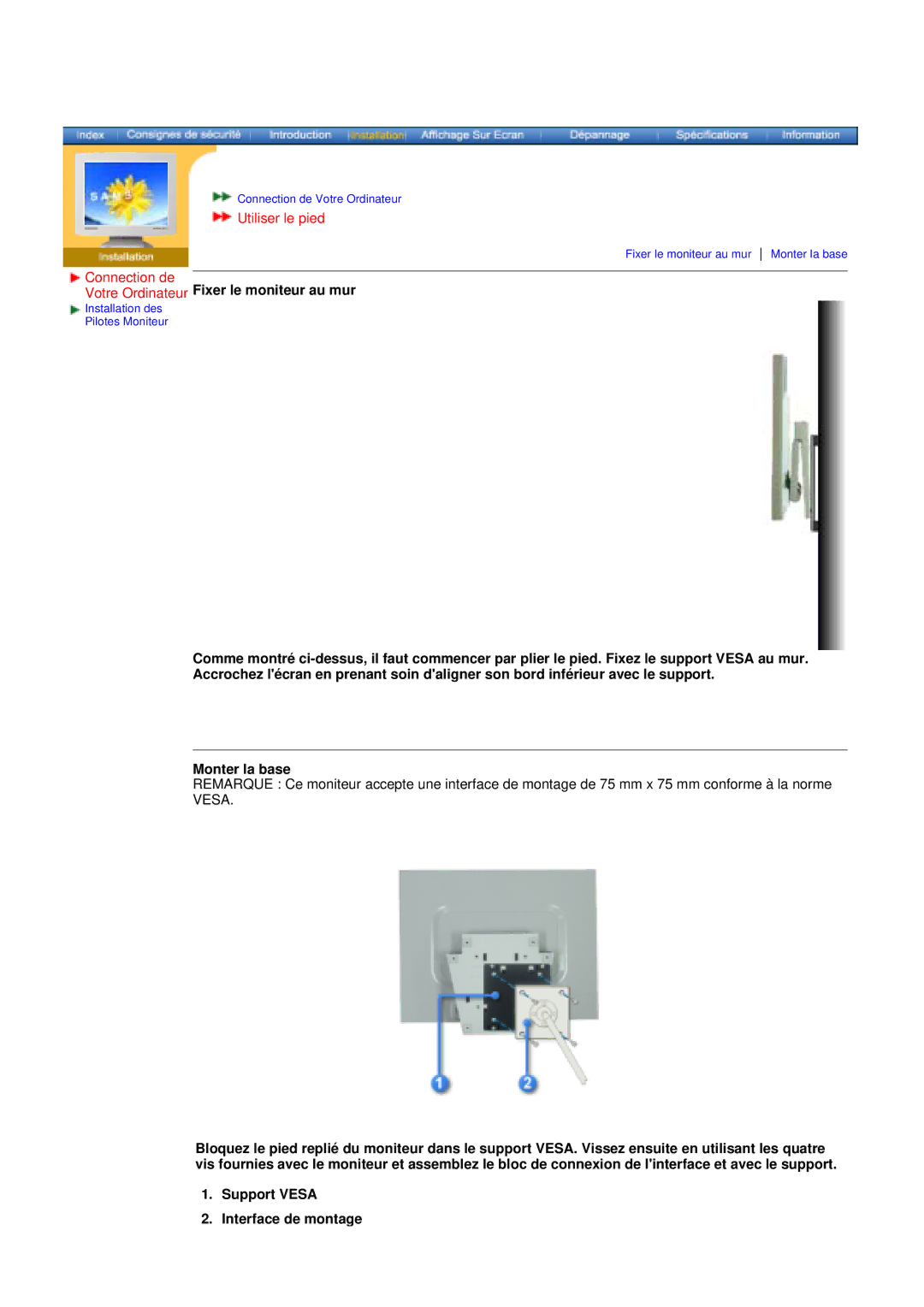 Samsung DS15ASZS/EDC, DS17BSDS/EDC, DS15ASDS/EDC manual Utiliser le pied, Votre Ordinateur Fixer le moniteur au mur 