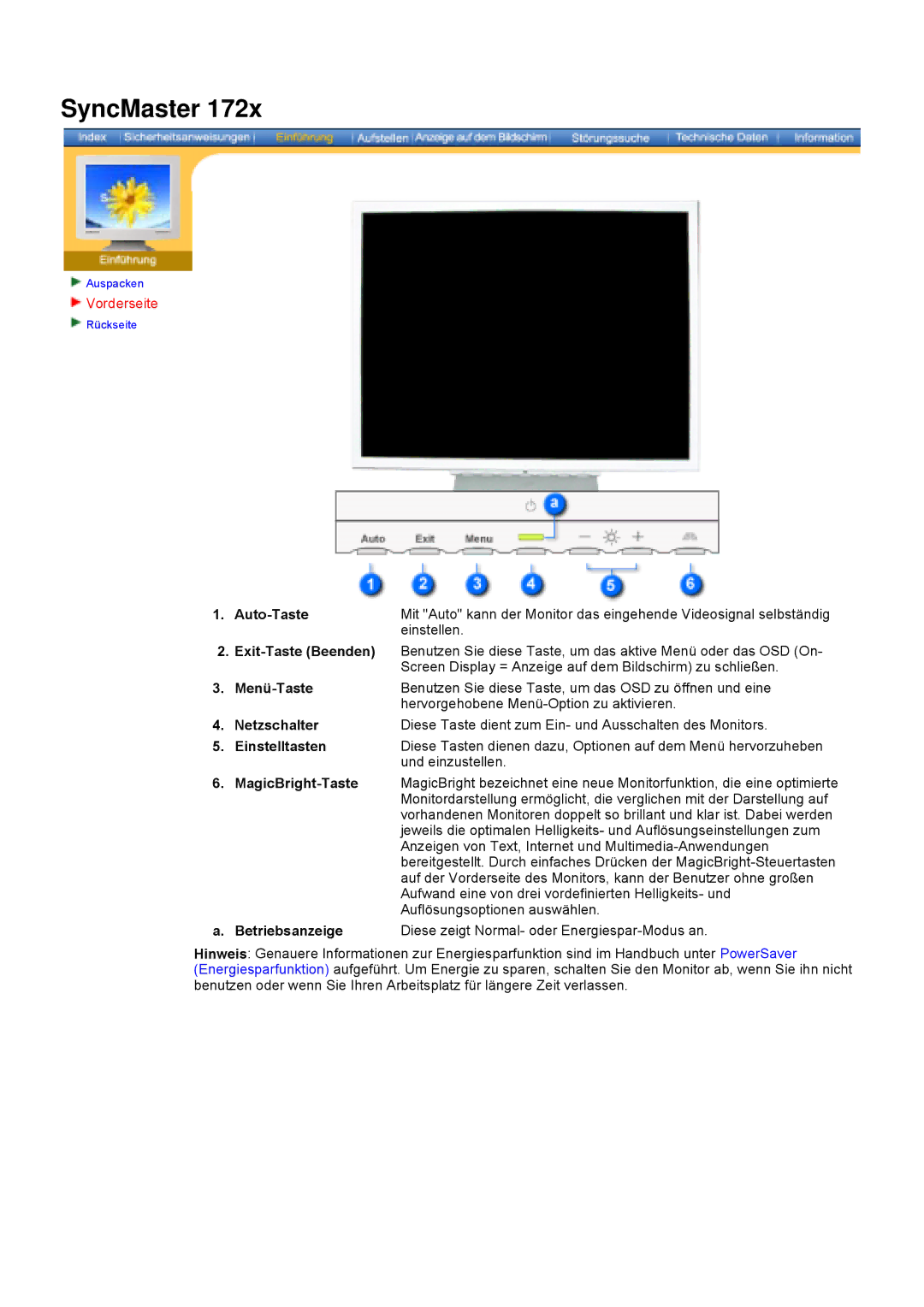 Samsung DS17BSDS/EDC, DS15ASDS/EDC manual Menü-Taste Netzschalter Einstelltasten 