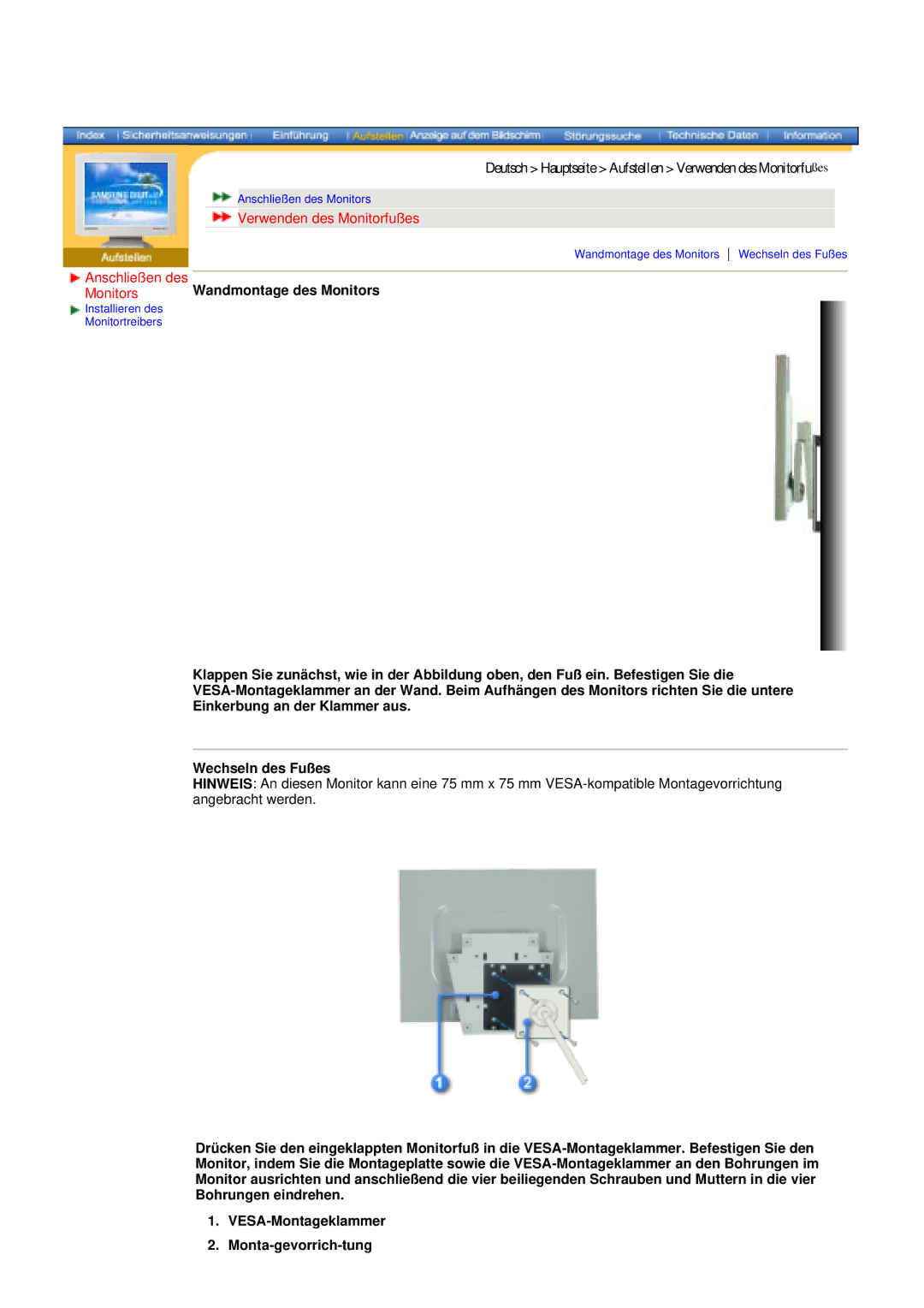 Samsung DS15ASDS/EDC, DS17BSDS/EDC manual Verwenden des Monitorfußes, Wandmontage des Monitors 