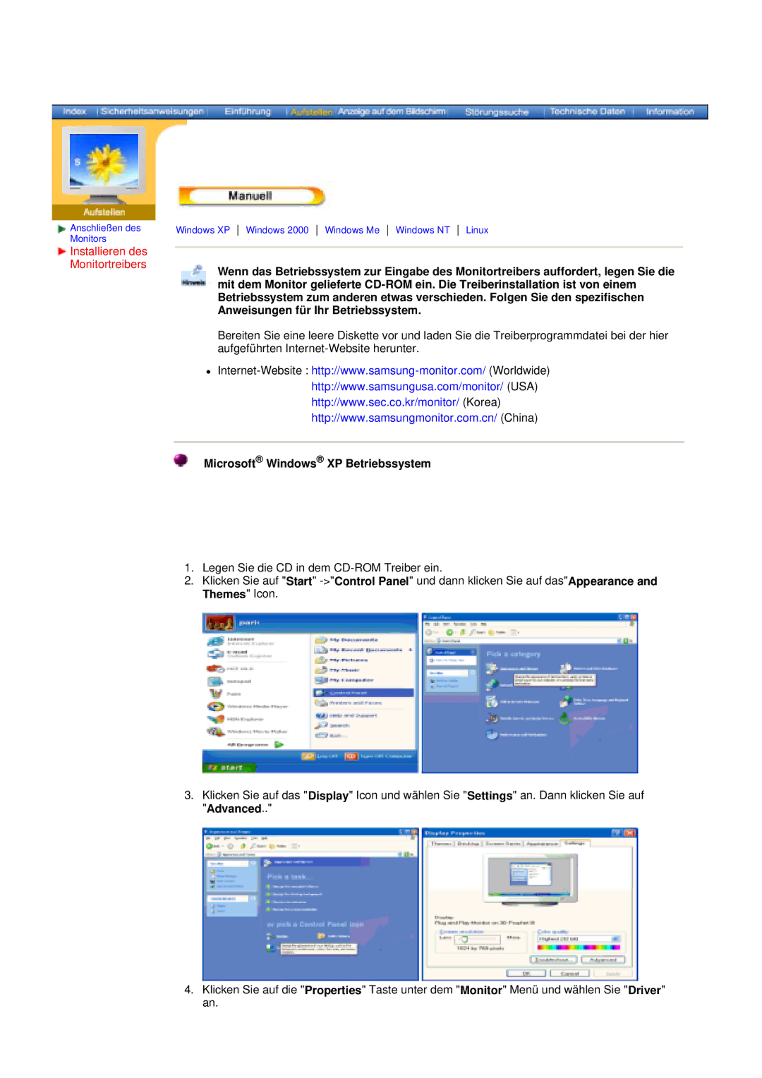 Samsung DS17BSDS/EDC, DS15ASDS/EDC manual Microsoft Windows XP Betriebssystem 