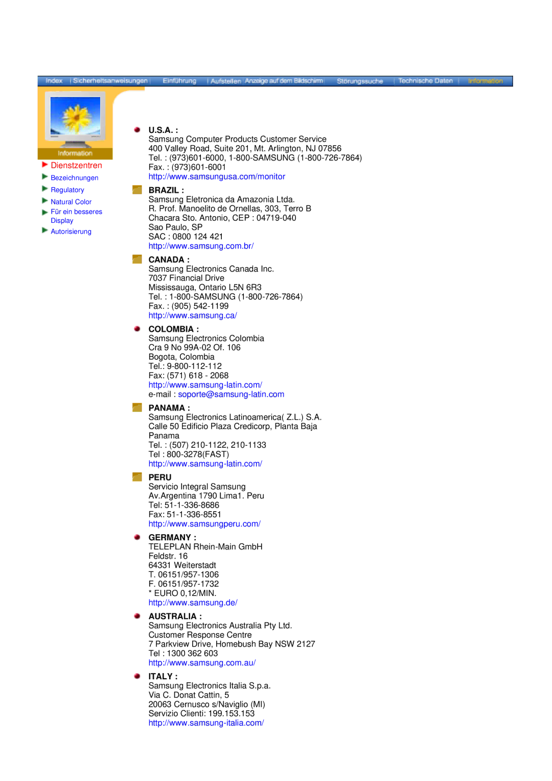 Samsung DS17BSDS/EDC, DS15ASDS/EDC manual Dienstzentren, Brazil 