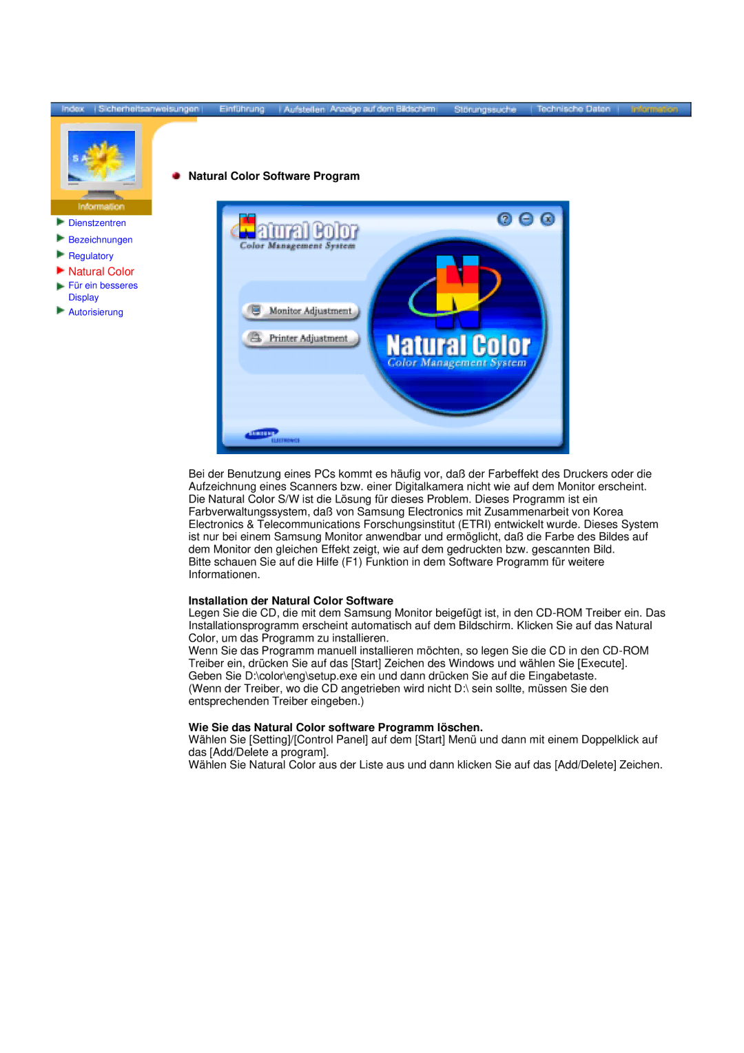 Samsung DS15ASDS/EDC, DS17BSDS/EDC manual Natural Color Software Program, Installation der Natural Color Software 