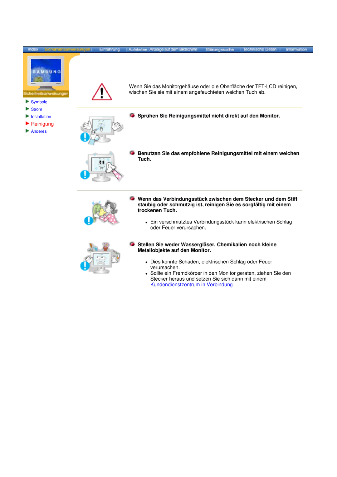 Samsung DS17BSDS/EDC, DS15ASDS/EDC manual Sprühen Sie Reinigungsmittel nicht direkt auf den Monitor 