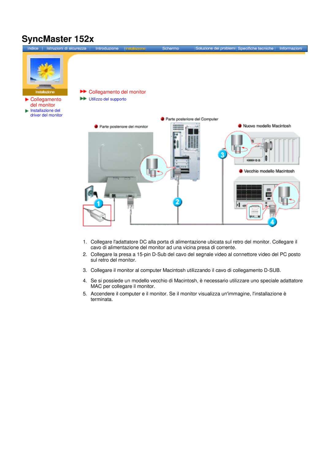 Samsung DS15ASDS/EDC, DS17BSDS/EDC manual Collegamento, Del monitor 