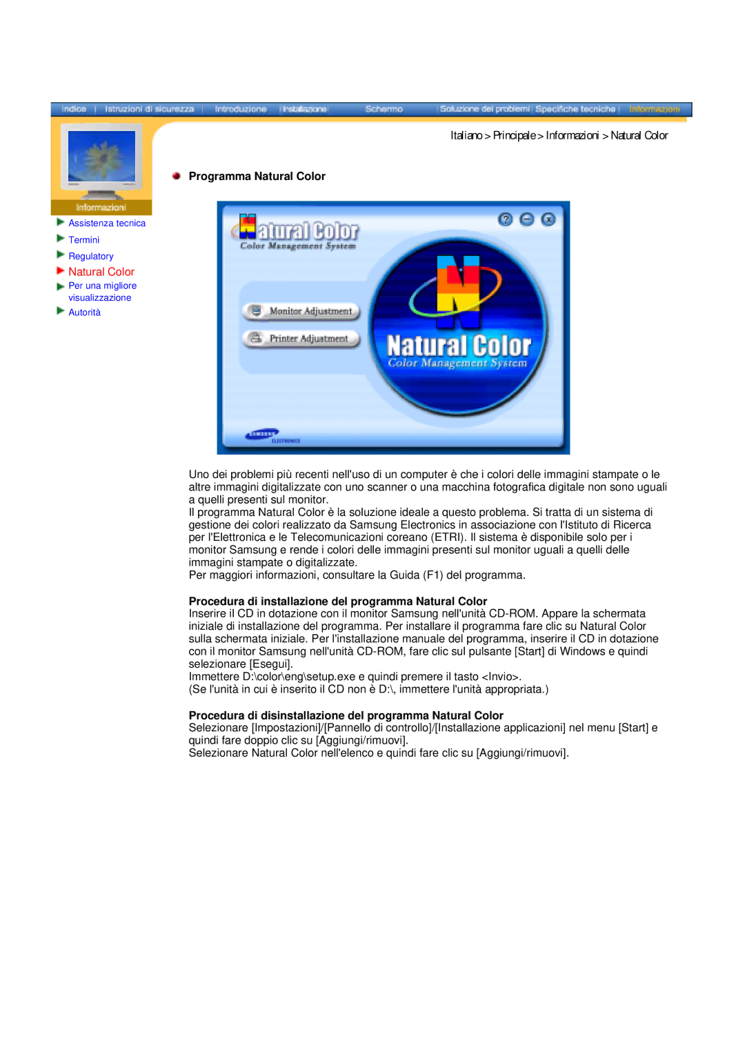 Samsung DS17BSDS/EDC, DS15ASDS/EDC manual Programma Natural Color, Procedura di installazione del programma Natural Color 
