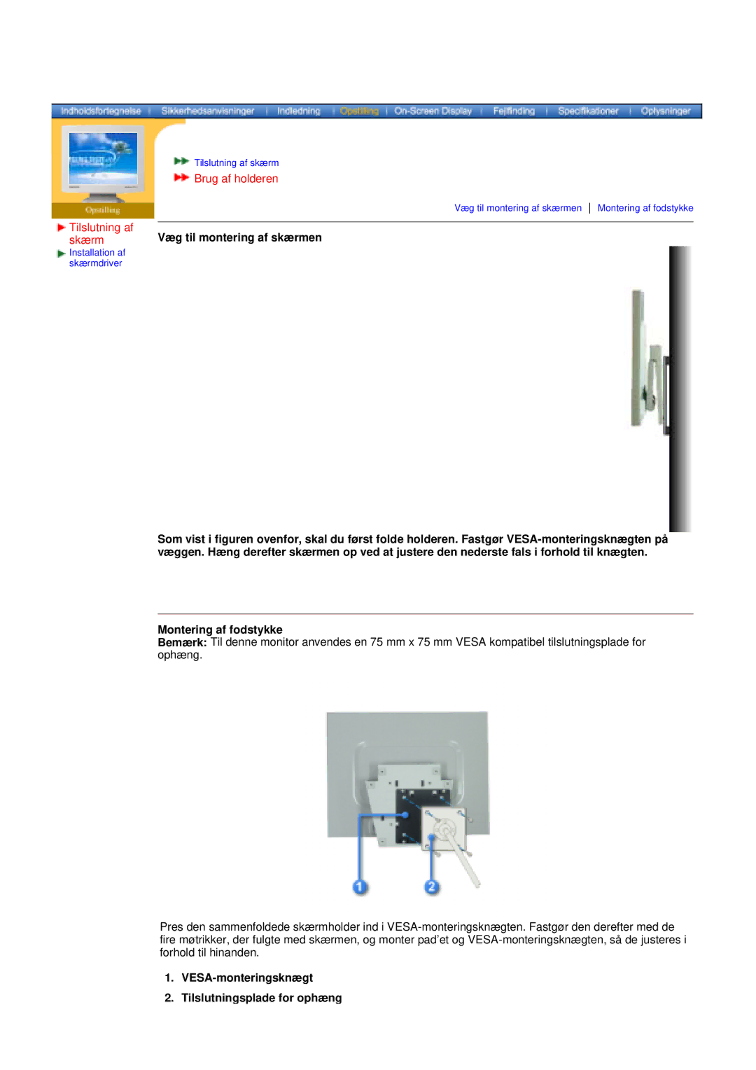 Samsung DS15ASDS/EDC, DS17BSDS/EDC manual Væg til montering af skærmen, VESA-monteringsknægt Tilslutningsplade for ophæng 