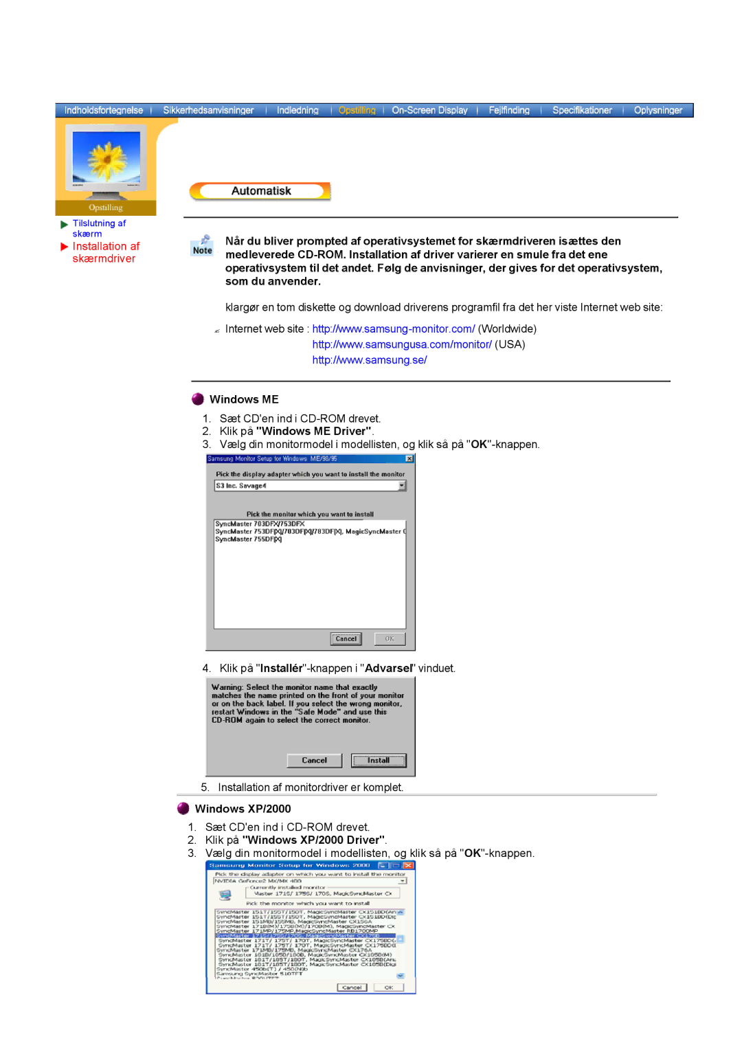 Samsung DS17BSDS/EDC, DS15ASDS/EDC manual Klik på Windows ME Driver, Klik på Windows XP/2000 Driver 