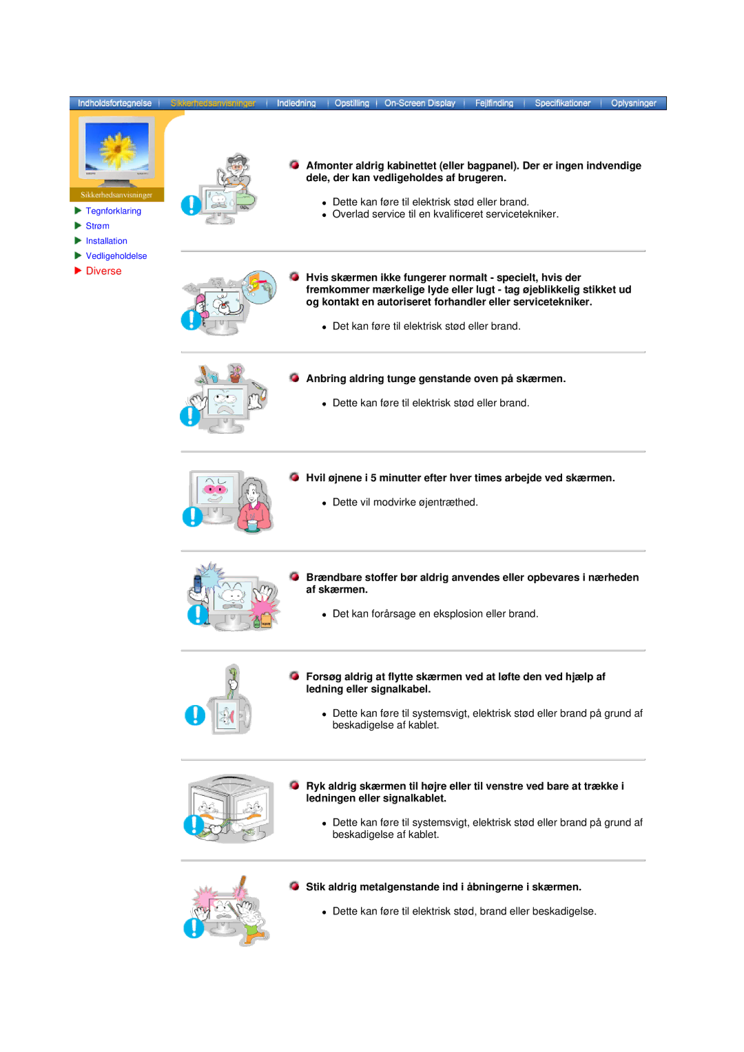 Samsung DS15ASDS/EDC, DS17BSDS/EDC manual Anbringzaldring tunge genstande oven på skærmen 