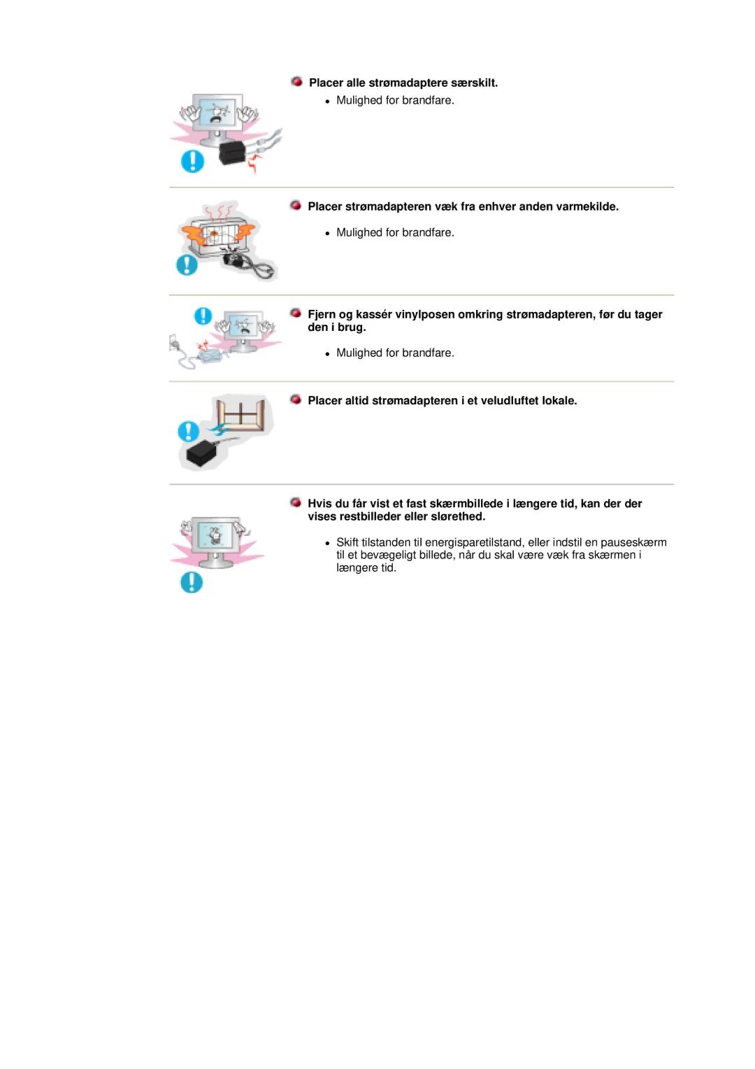 Samsung DS17BSDS/EDC manual Placer alle strømadaptere særskilt, Placer strømadapteren væk fra enhver anden varmekilde 