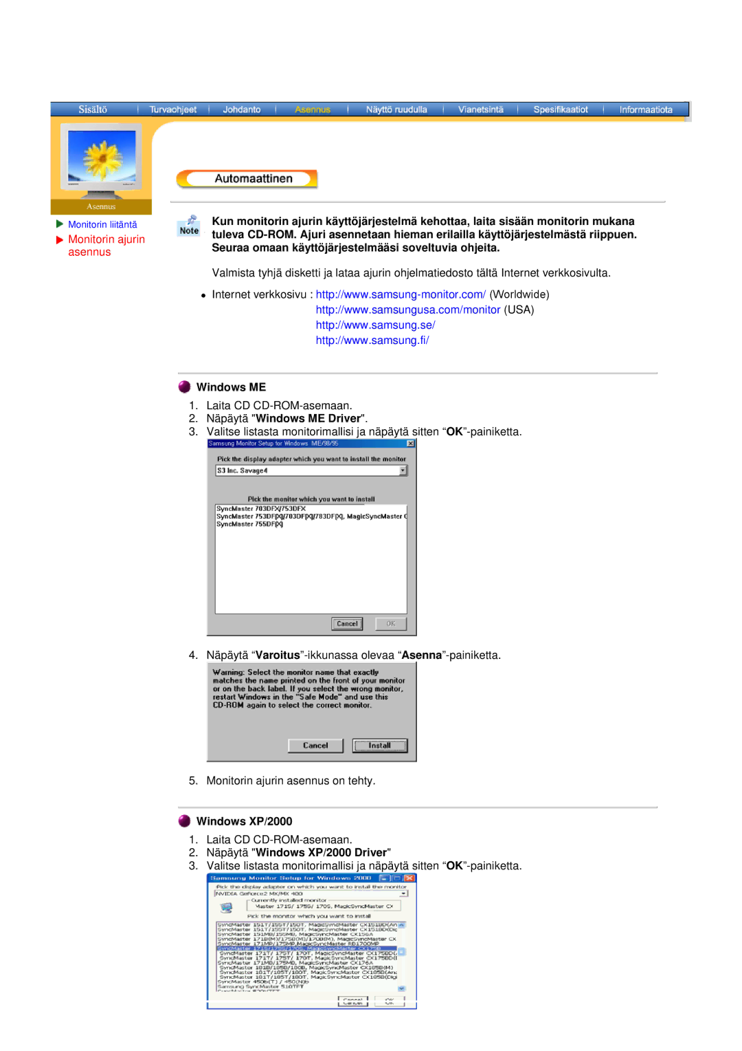 Samsung DS15ASDS/EDC, DS17BSDS/EDC manual Näpäytä Windows ME Driver, Näpäytä Windows XP/2000 Driver 