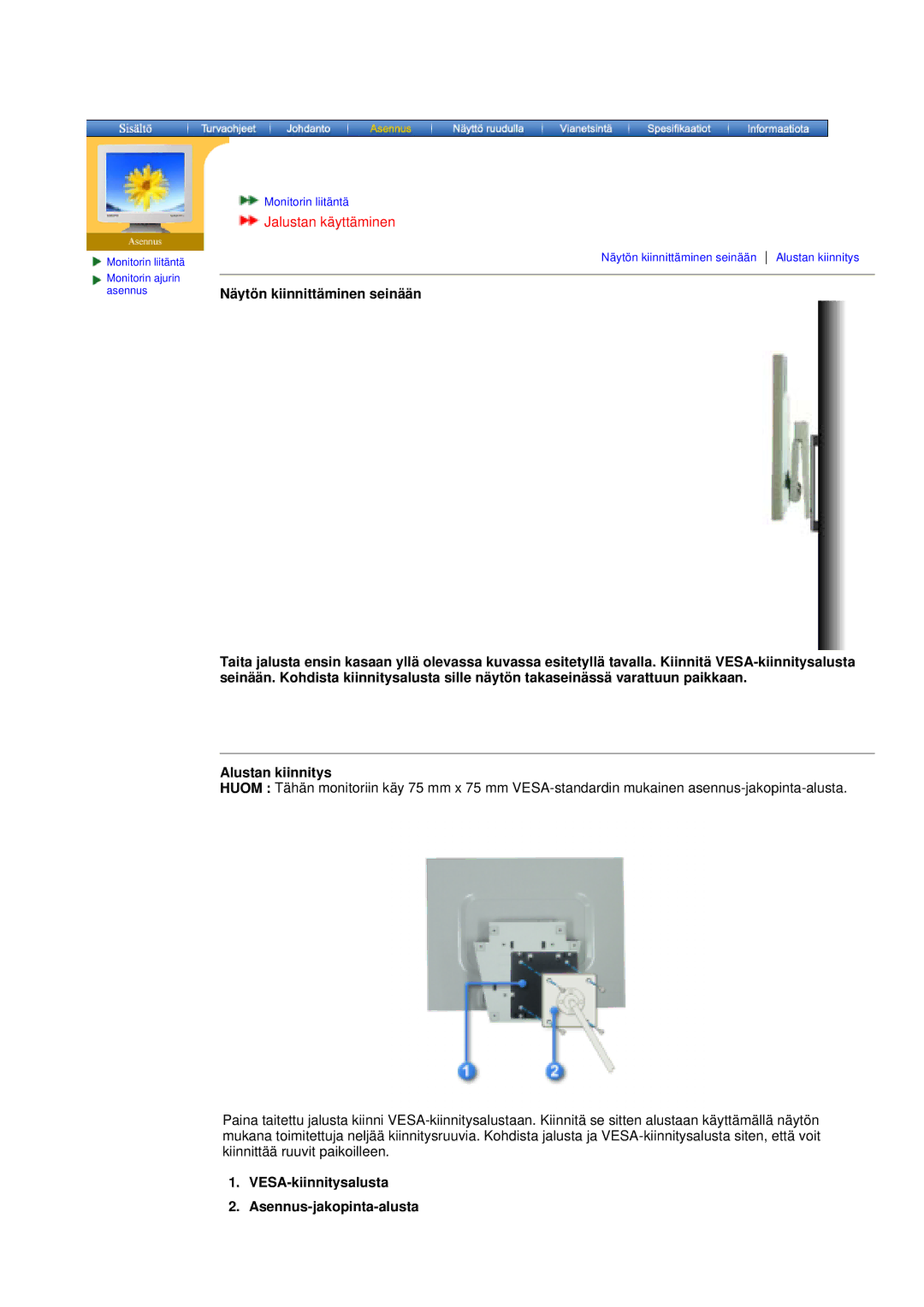 Samsung DS15ASDS/EDC, DS17BSDS/EDC manual Näytön kiinnittäminen seinään, VESA-kiinnitysalusta Asennus-jakopinta-alusta 