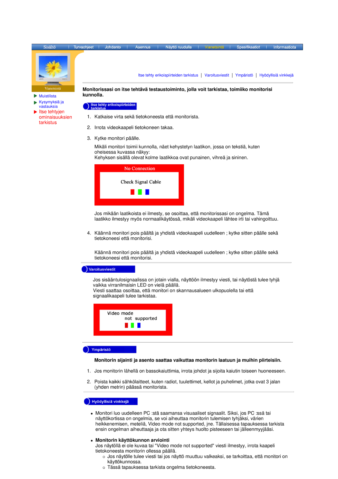 Samsung DS17BSDS/EDC, DS15ASDS/EDC manual Monitorin kä yttö kunnon arviointi 