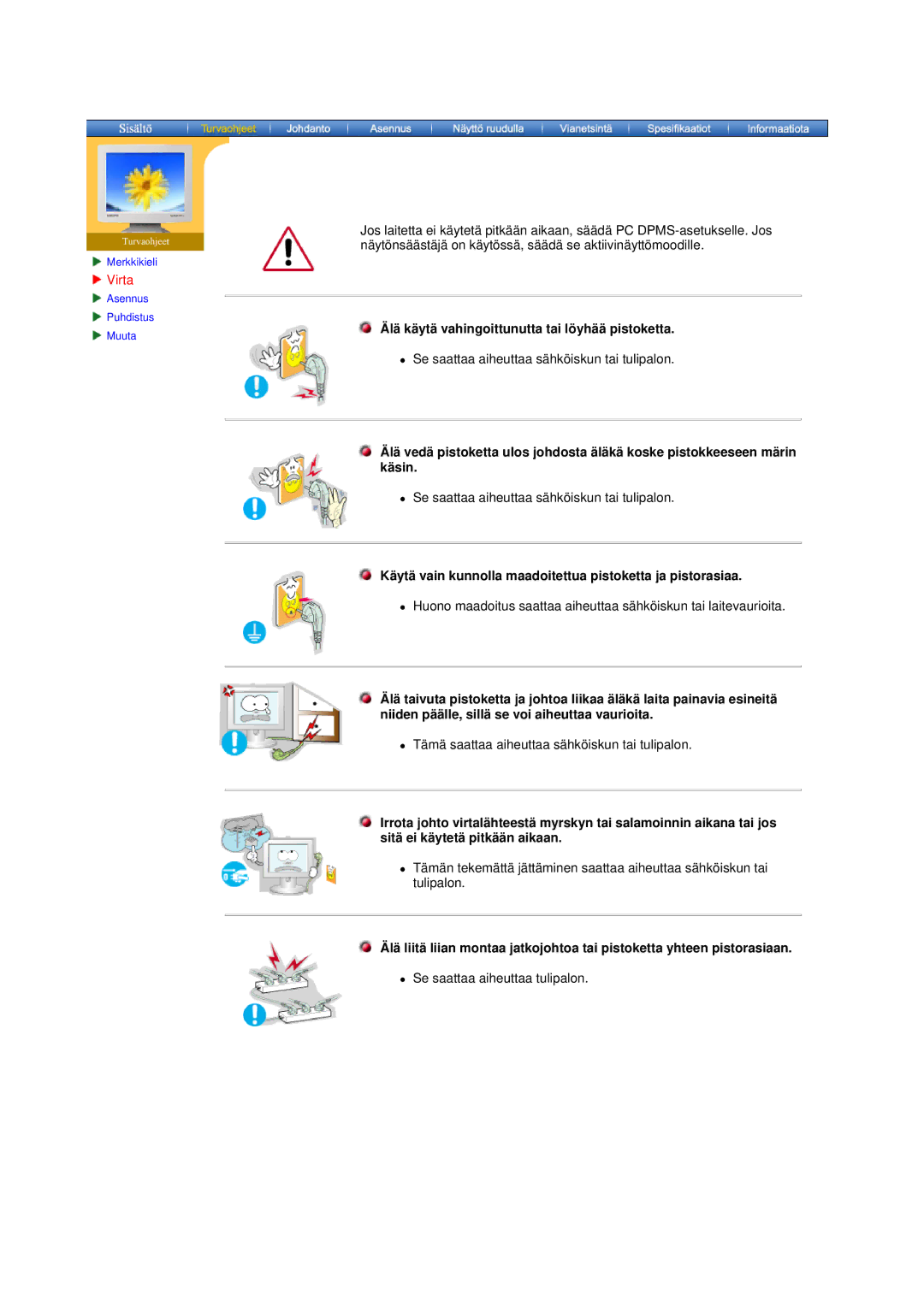 Samsung DS17BSDS/EDC, DS15ASDS/EDC manual Älä käytäzvahingoittunutta tai löyhää pistoketta 