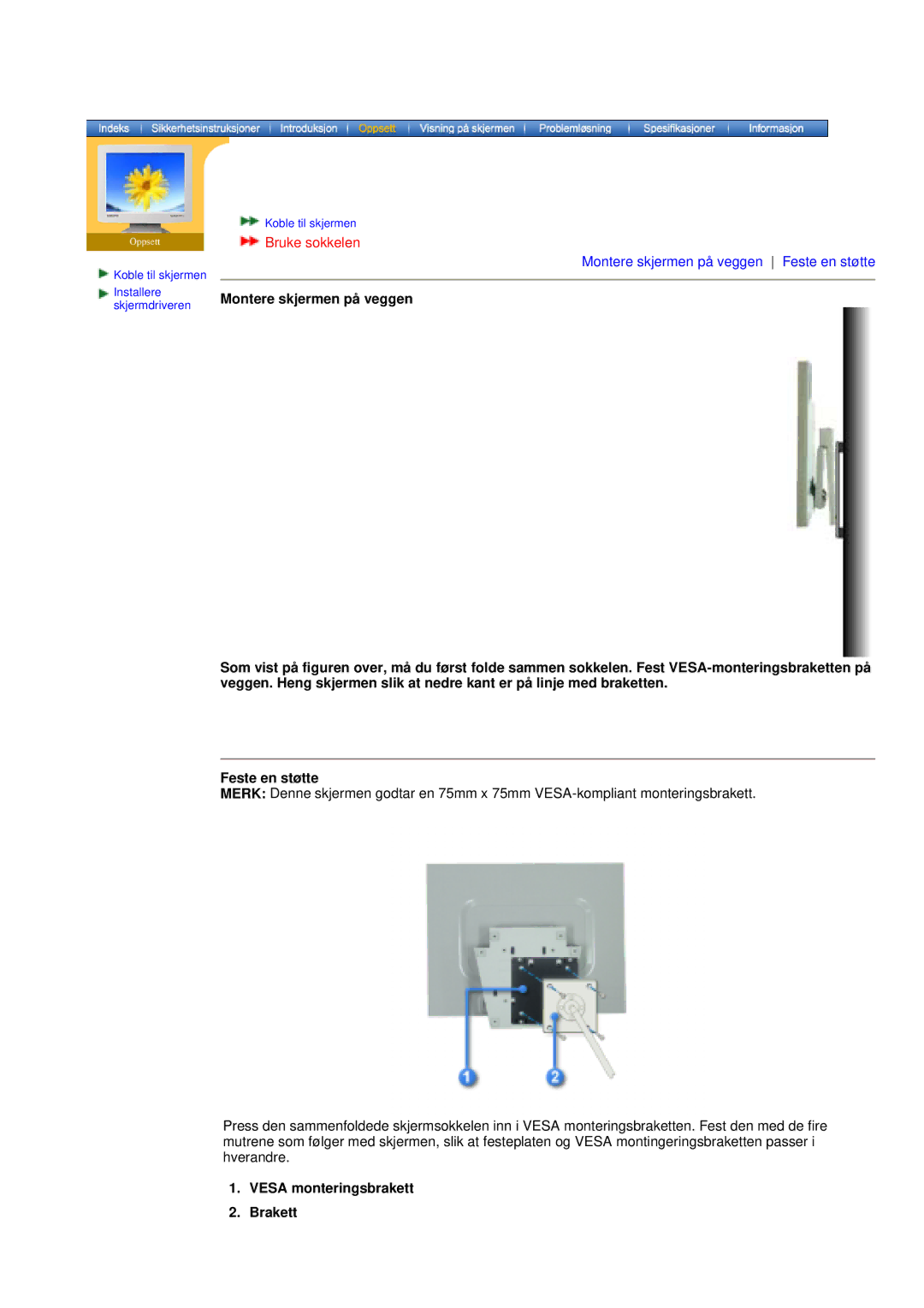 Samsung DS15ASDS/EDC, DS17BSDS/EDC manual Montere skjermen på veggen, Vesa monteringsbrakett Brakett 