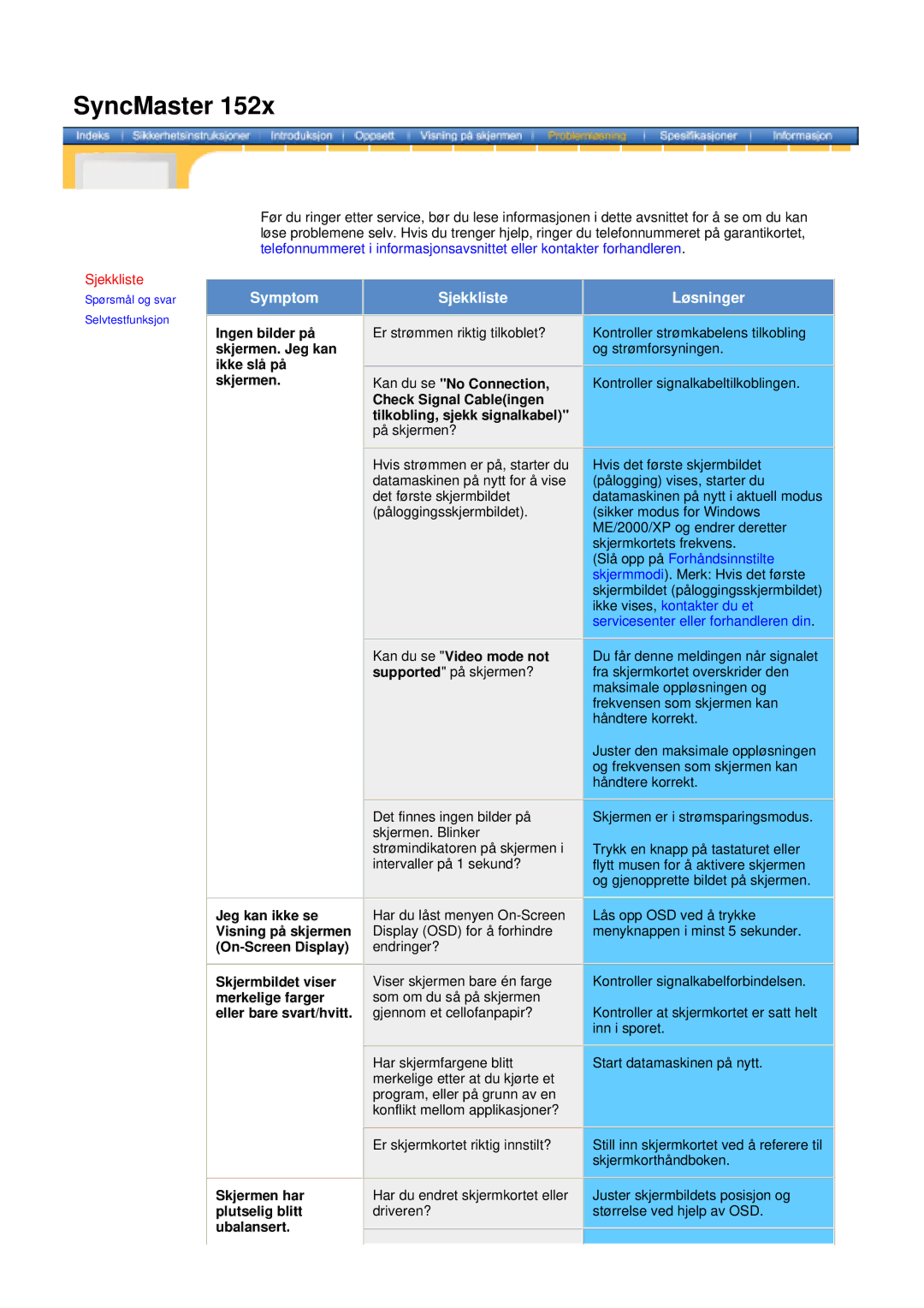 Samsung DS15ASDS/EDC, DS17BSDS/EDC manual Sjekkliste, Kan du se Video mode not supported på skjermen? 