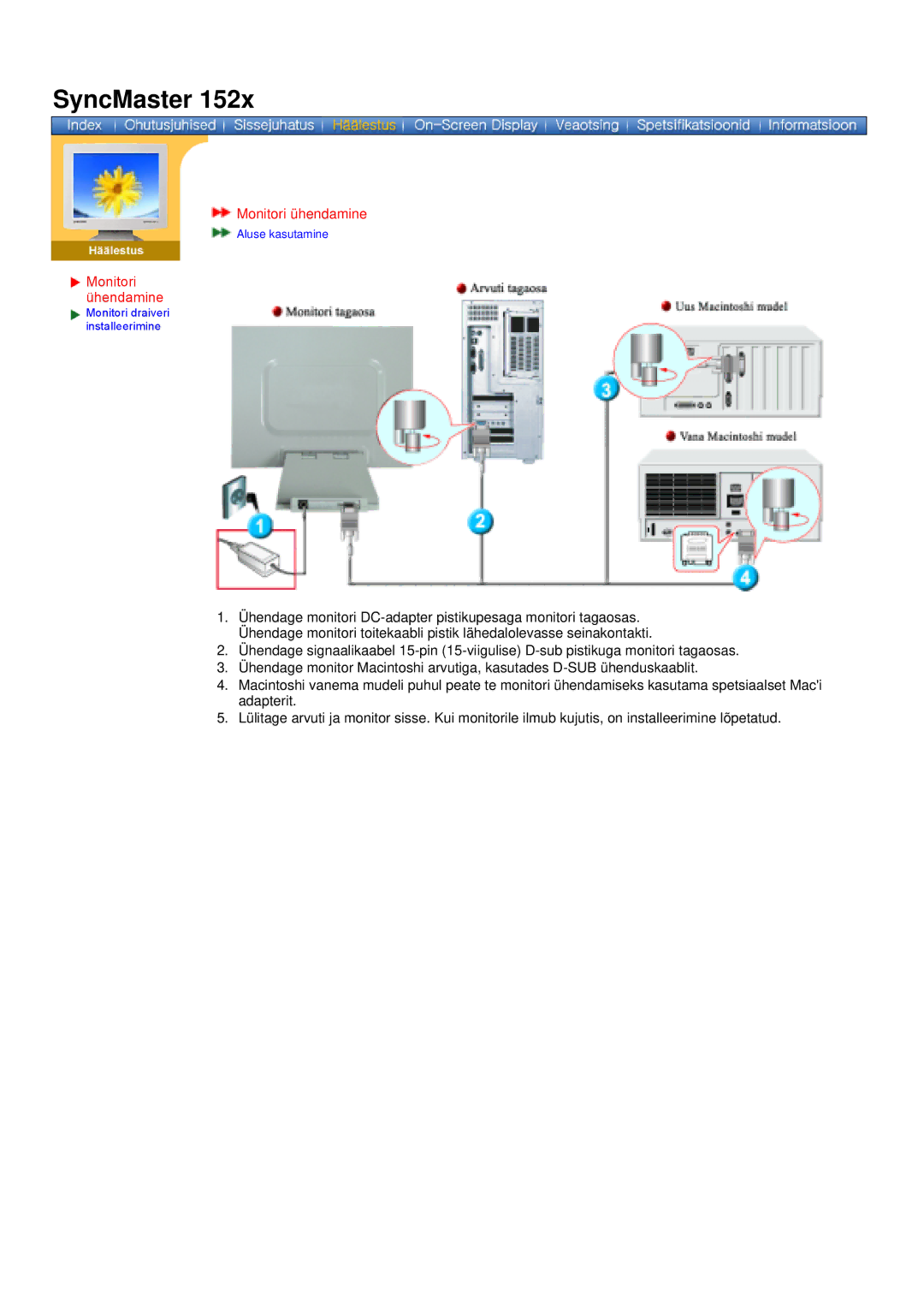 Samsung DS17BSDS/EDC, DS15ASDS/EDC manual Monitori ühendamine 