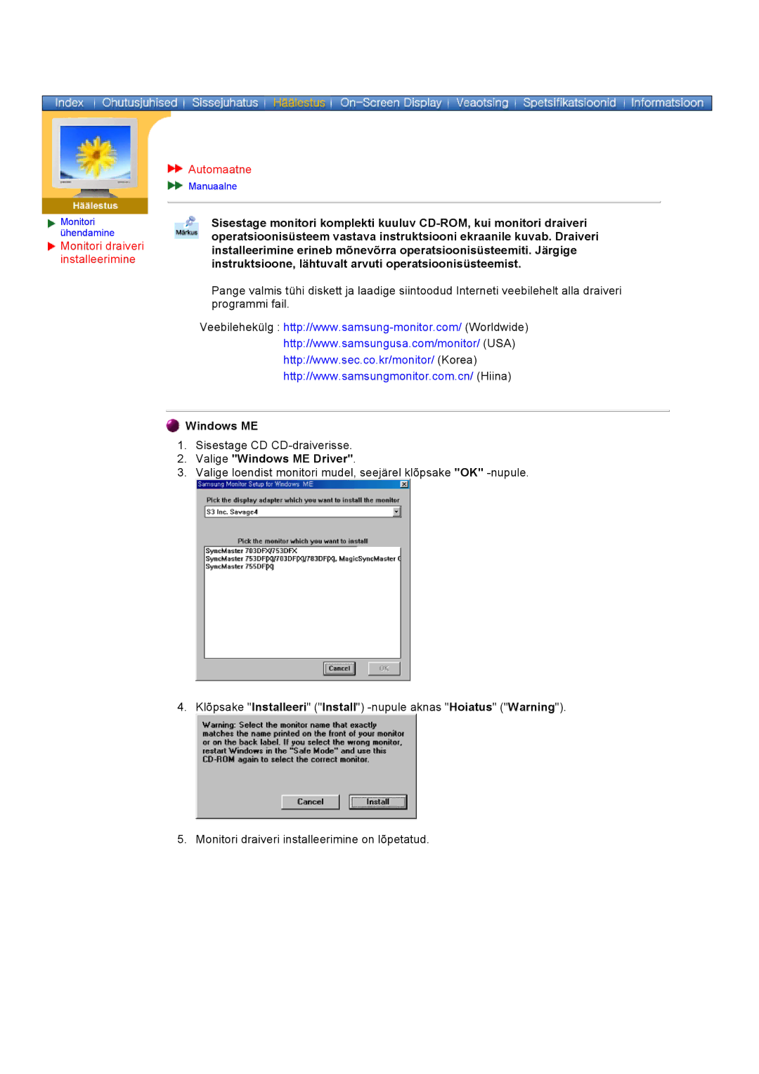 Samsung DS17BSDS/EDC, DS15ASDS/EDC manual Monitori draiveri installeerimine Automaatne, Valige Windows ME Driver 