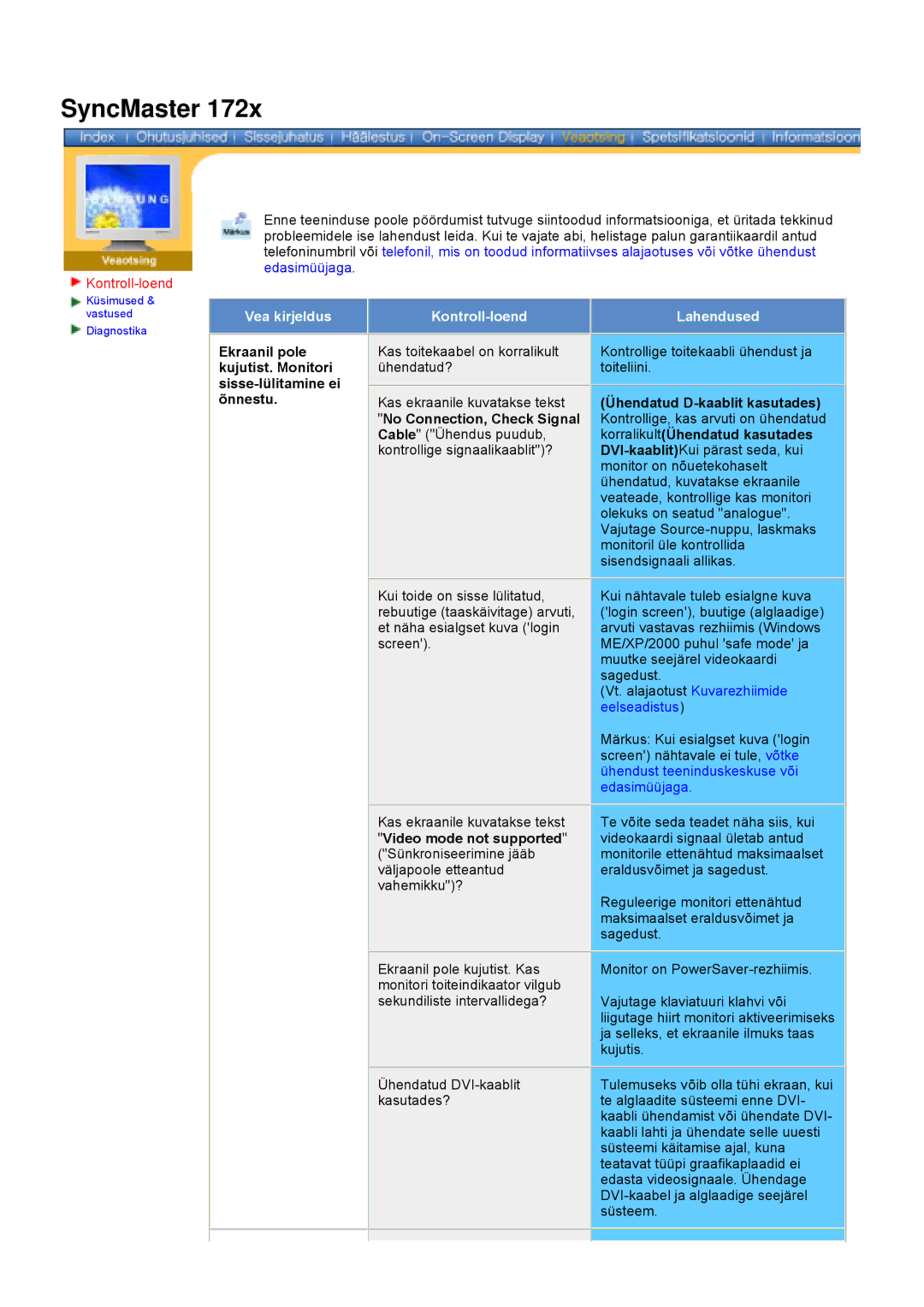 Samsung DS15ASDS/EDC, DS17BSDS/EDC manual Kontroll-loend 