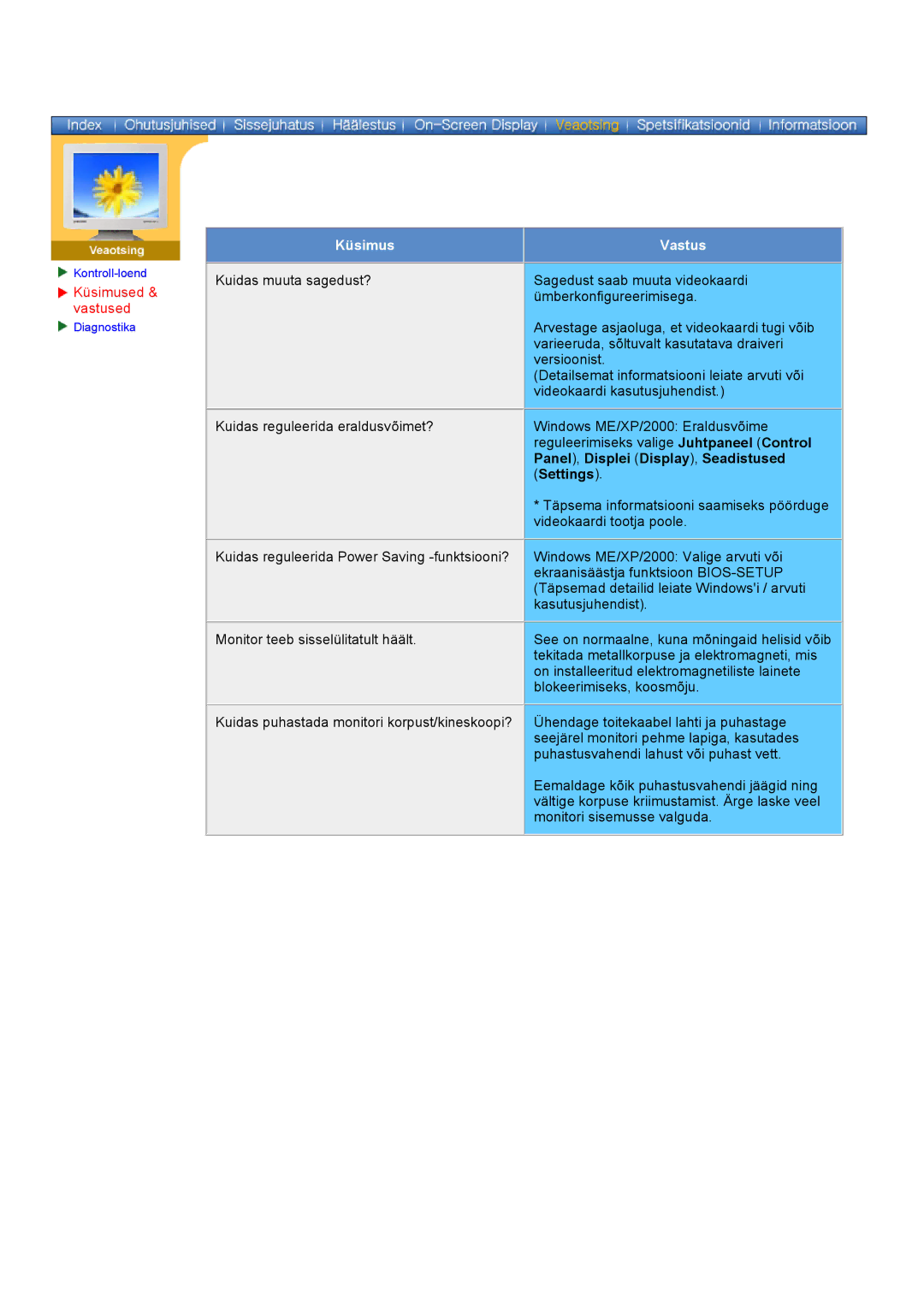 Samsung DS17BSDS/EDC, DS15ASDS/EDC manual Küsimused, Vastused, Panel , Displei Display , Seadistused, Settings 