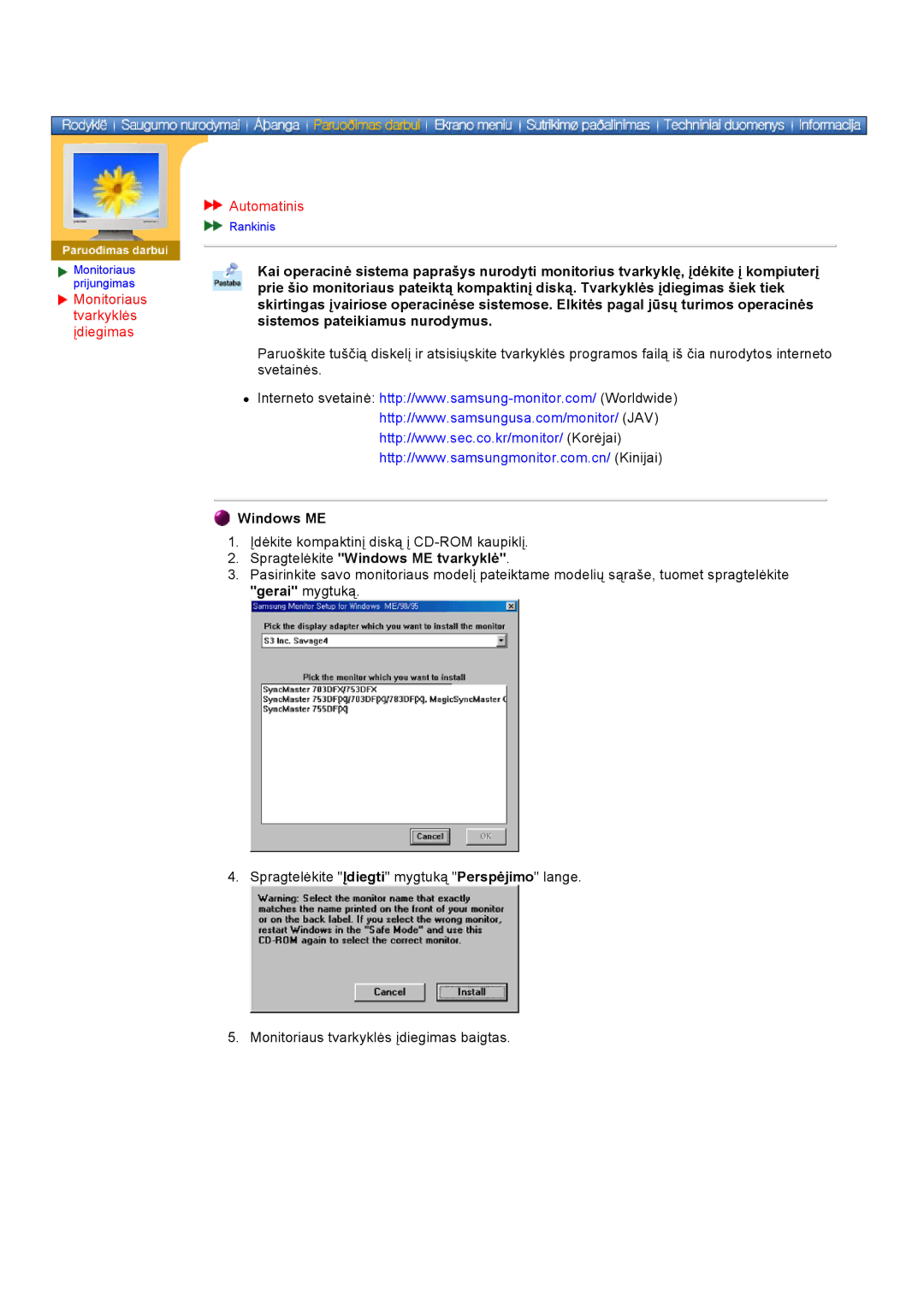 Samsung DS17BSDS/EDC, DS15ASDS/EDC Monitoriaus tvarkyklės įdiegimas Automatinis, Spragtelėkite Windows ME tvarkyklė 